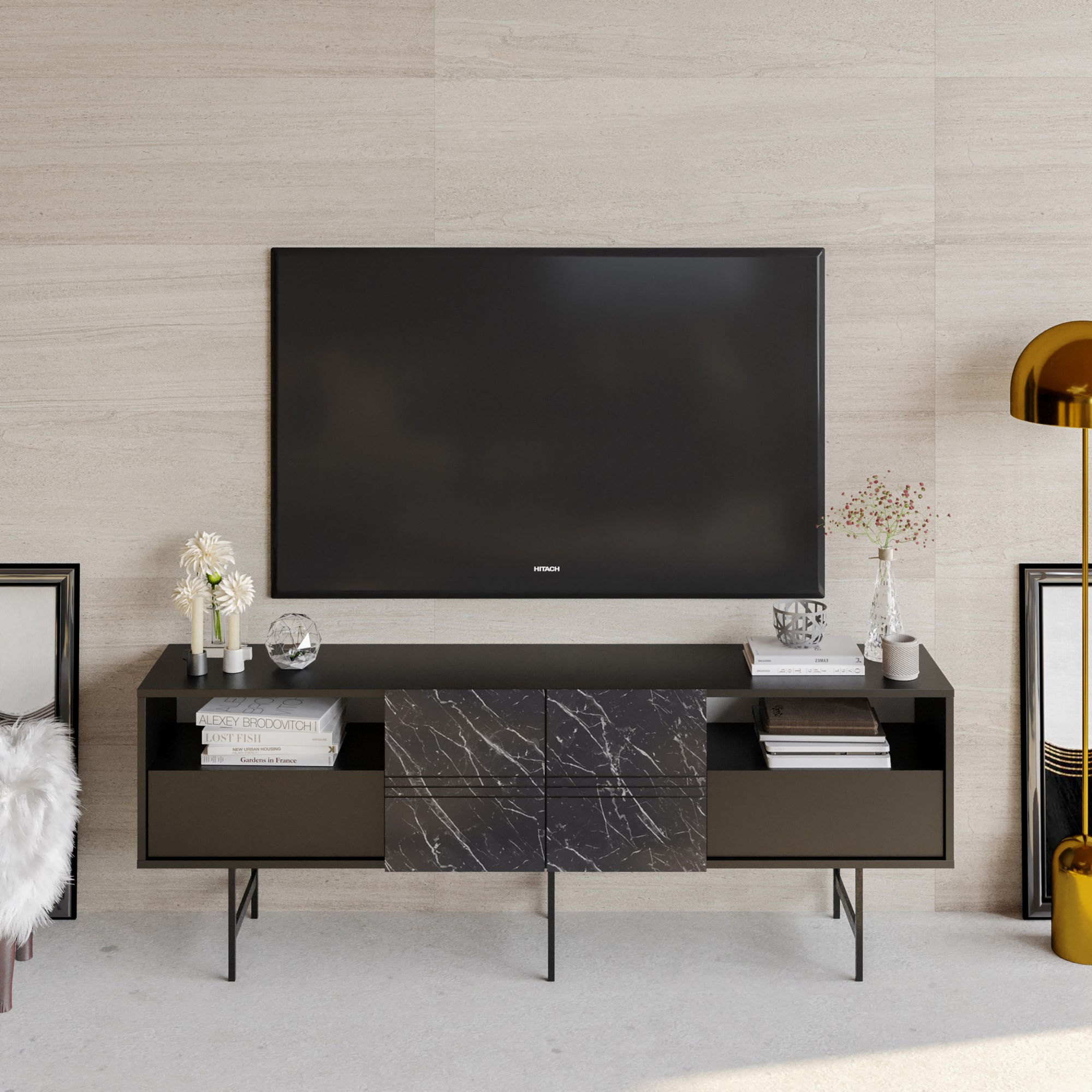 Comoda tv, Hanah Home, pal melaminat, negru marmura, 180x37.1x64.7 cm — imaginea 2