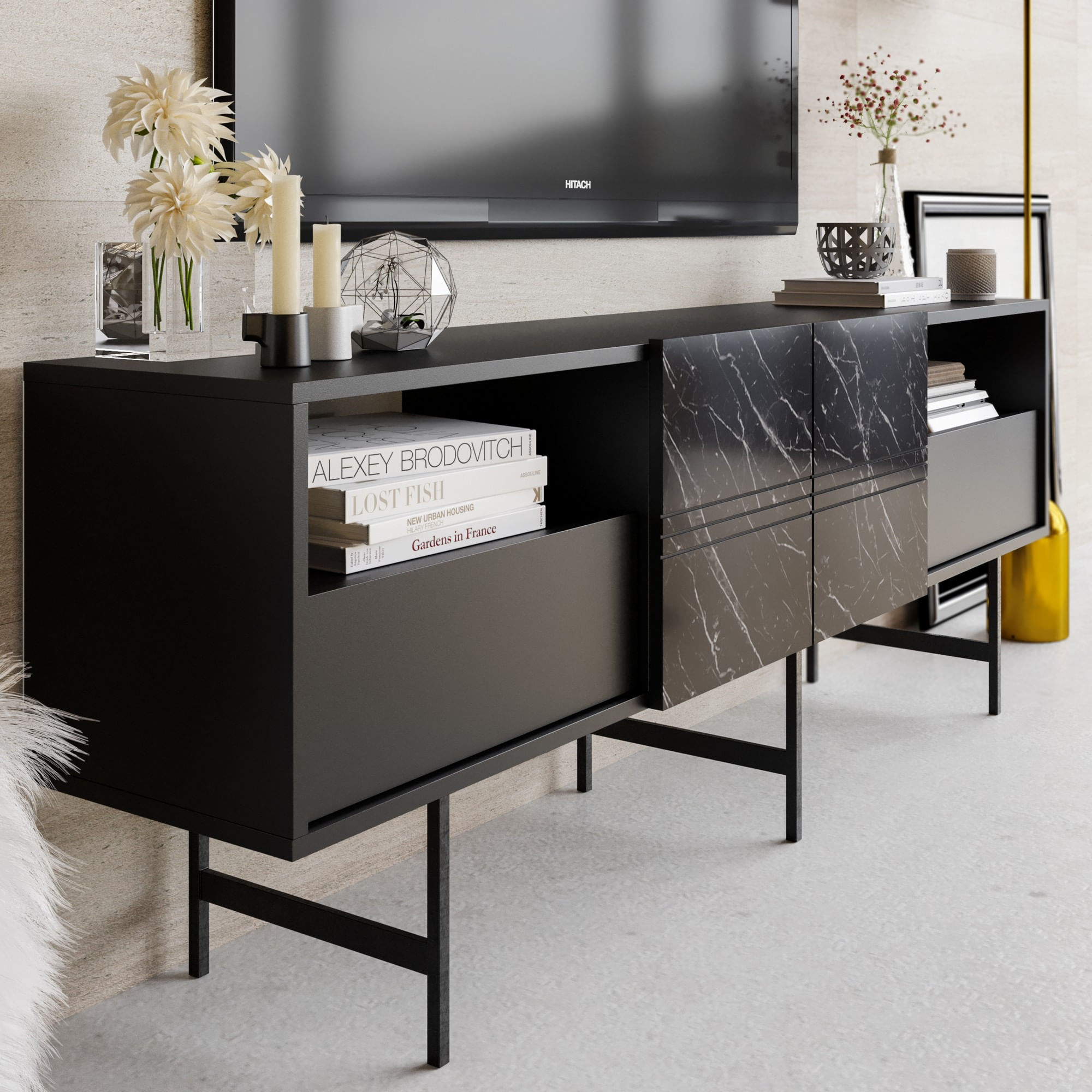Comoda tv, Hanah Home, pal melaminat, negru marmura, 180x37.1x64.7 cm — imaginea 7