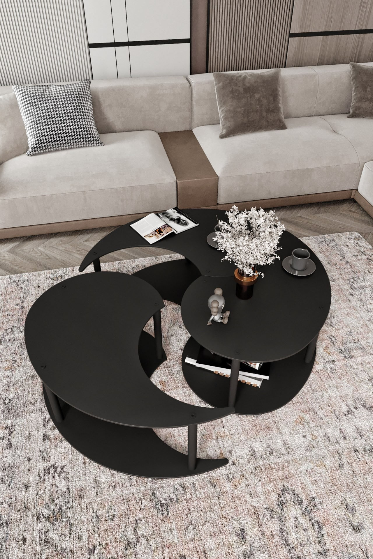 Set masute de cafea, Hanah Home, mdf, negru, 3 piese, diametru 70 cm, inaltime 38 cm