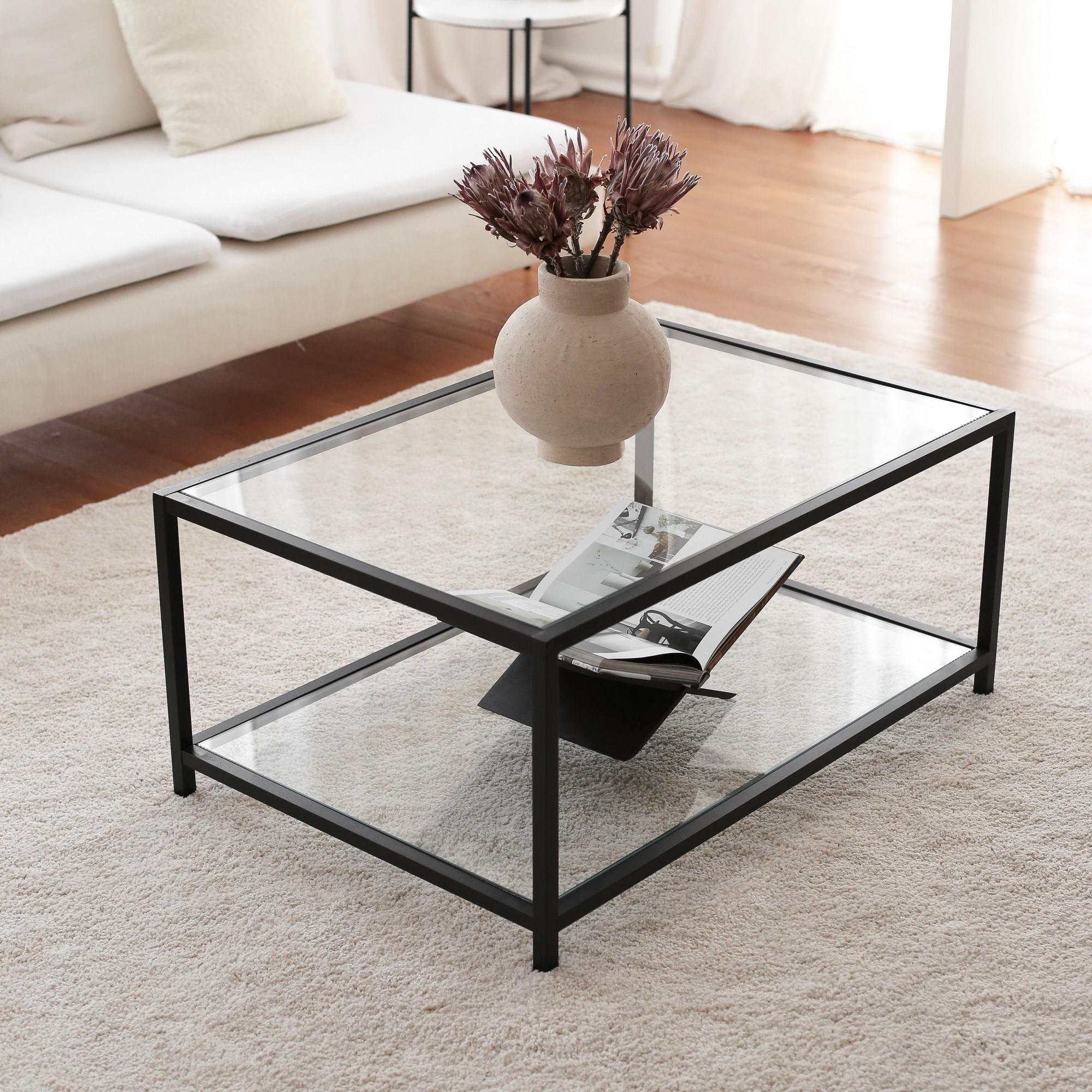 Masuta de cafea, Hanah Home, sticla temperata si metal, fumuriu si negru, 90x60x40 cm — imaginea 5