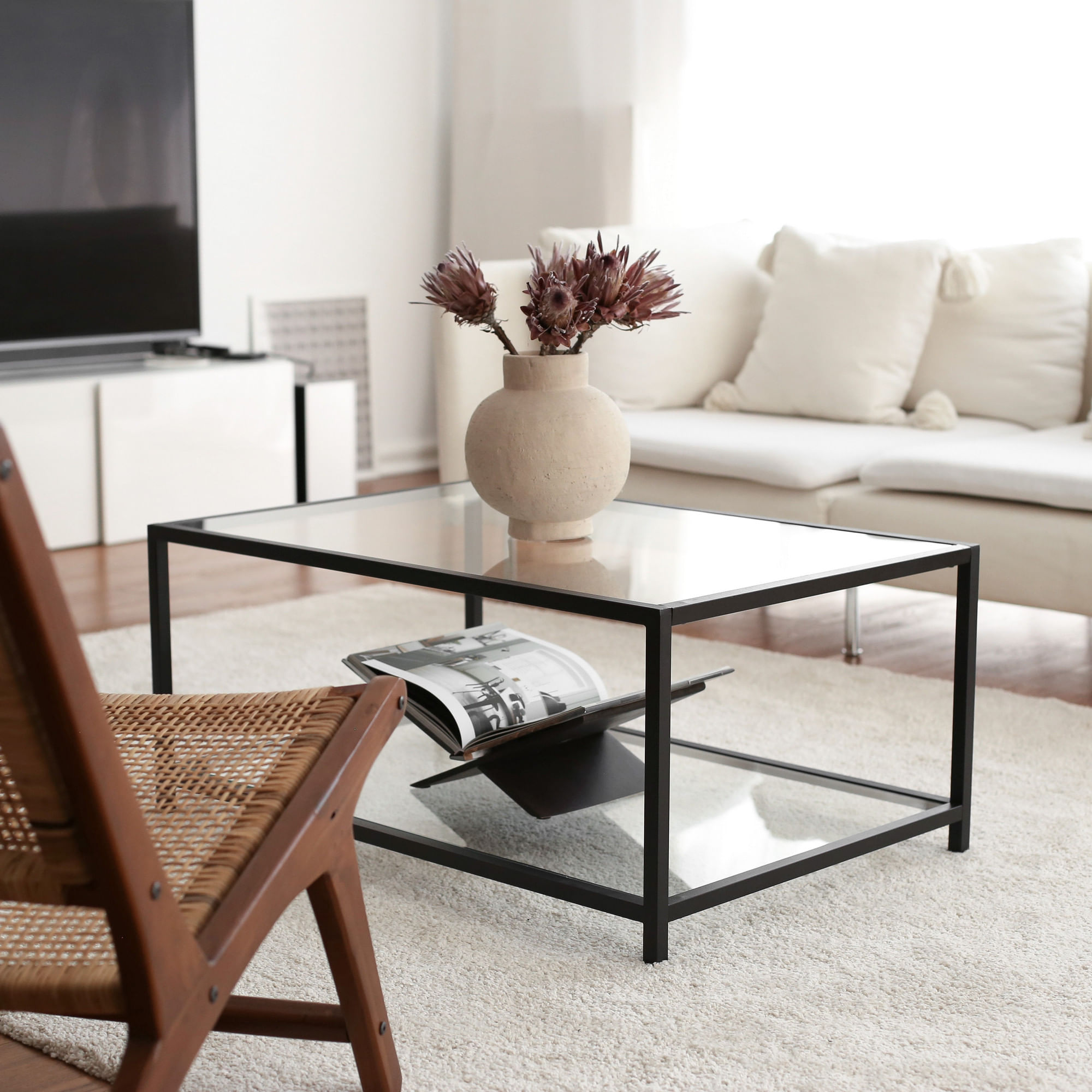 Masuta de cafea, Hanah Home, sticla temperata si metal, fumuriu si negru, 90x60x40 cm — imaginea 8