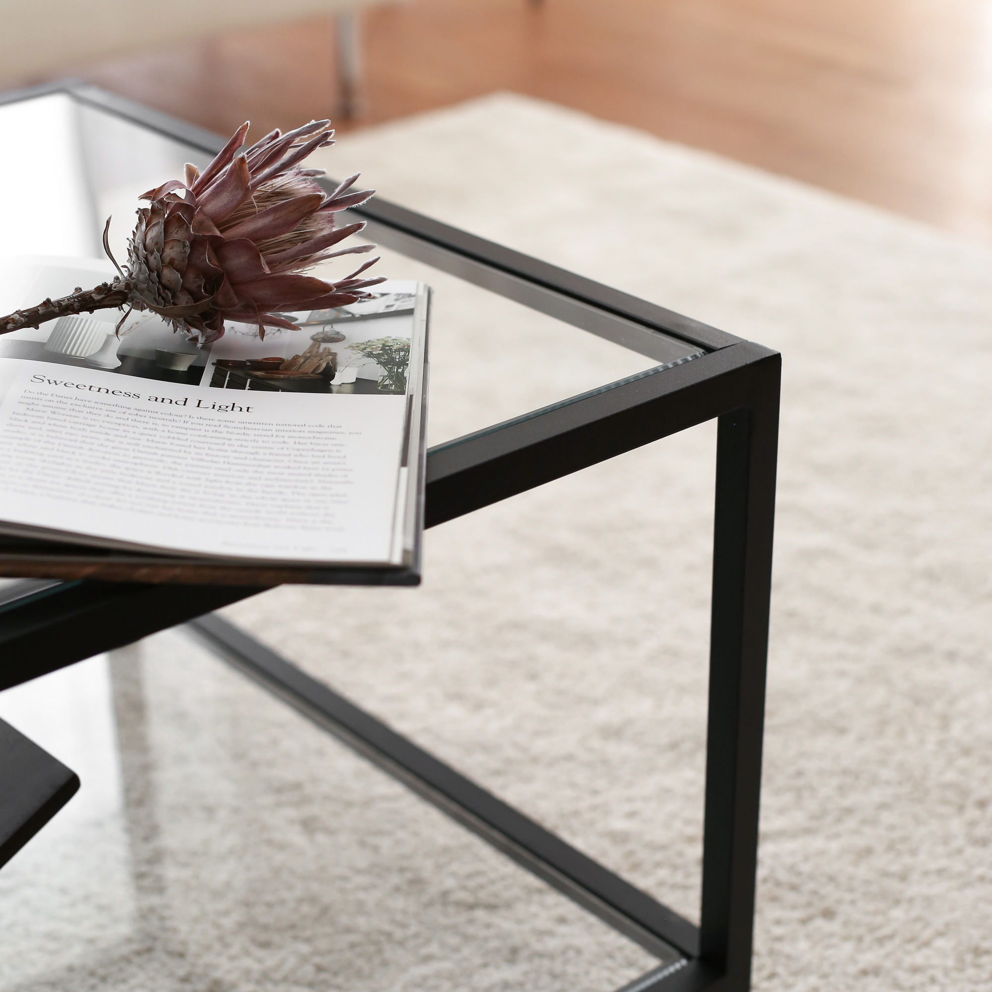 Masuta de cafea, Hanah Home, sticla temperata si metal, fumuriu si negru, 90x60x40 cm — imaginea 9