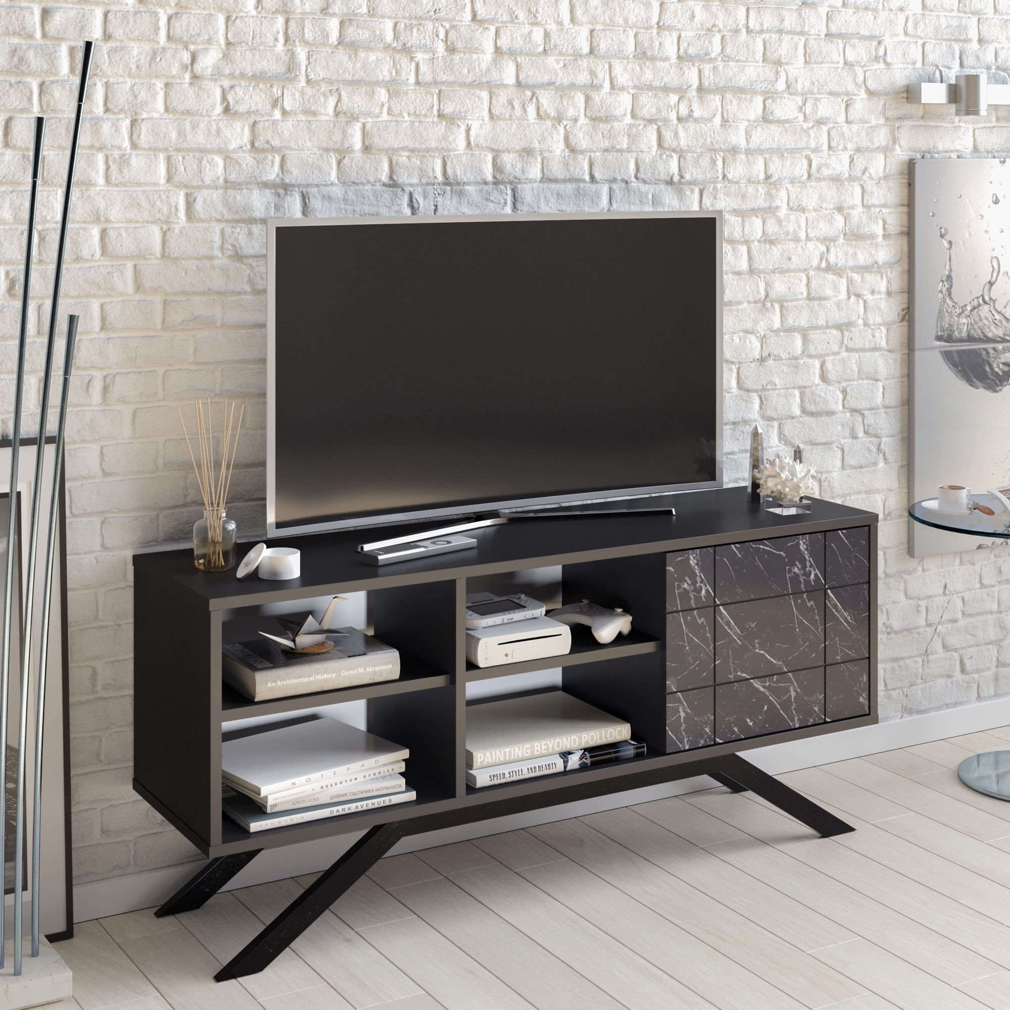 Comoda tv, Hanah Home, pal melaminat, negru marmura, 130x58.6x38.6 cm — imaginea 4