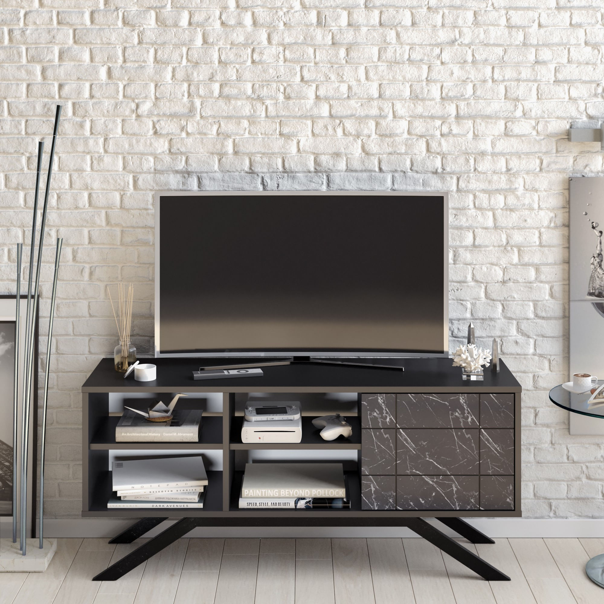 Comoda tv, Hanah Home, pal melaminat, negru marmura, 130x58.6x38.6 cm — imaginea 5