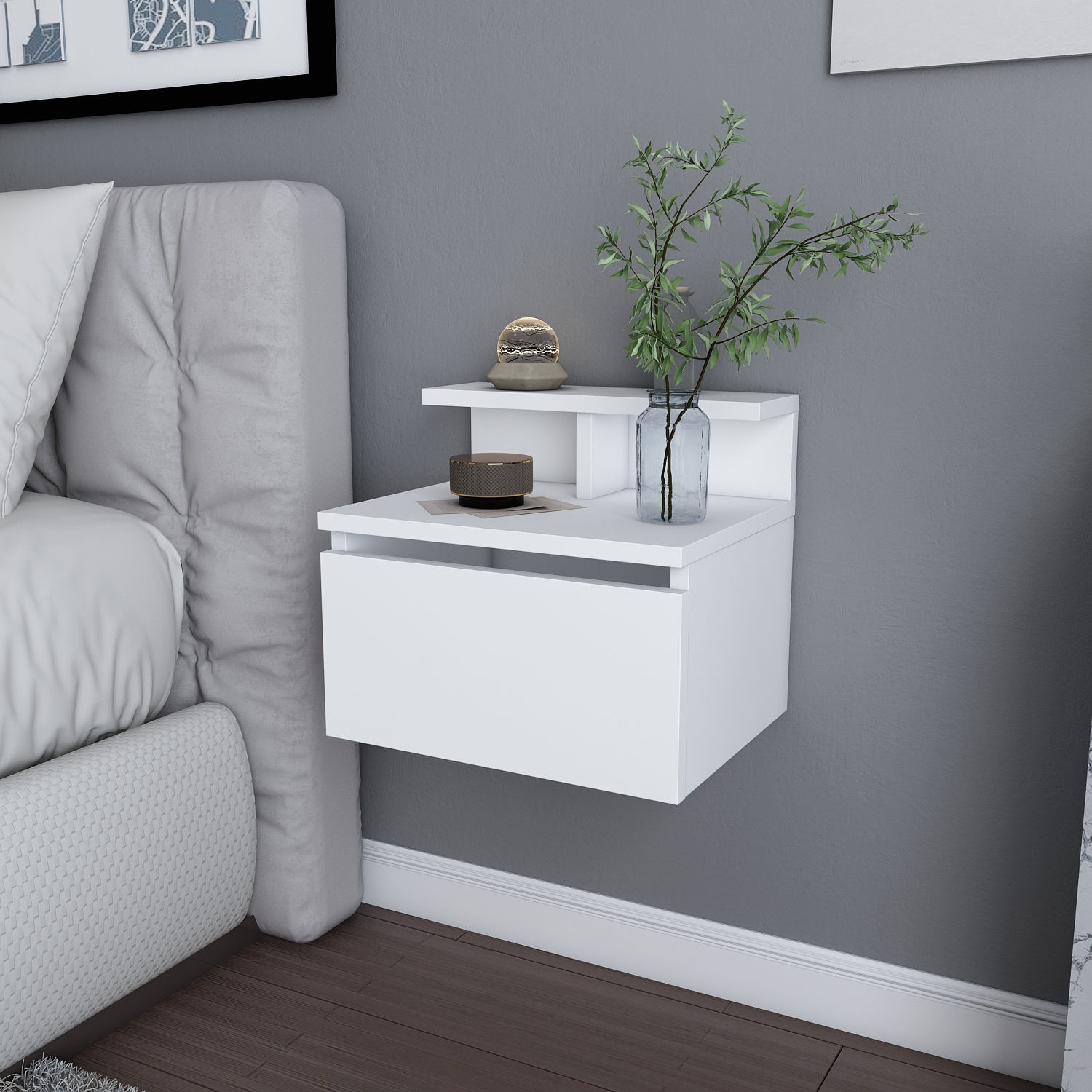 Noptiera, Hanah Home, panou de particule acoperit cu melamina, alb, 39.8x31.9x35 cm — imaginea 3