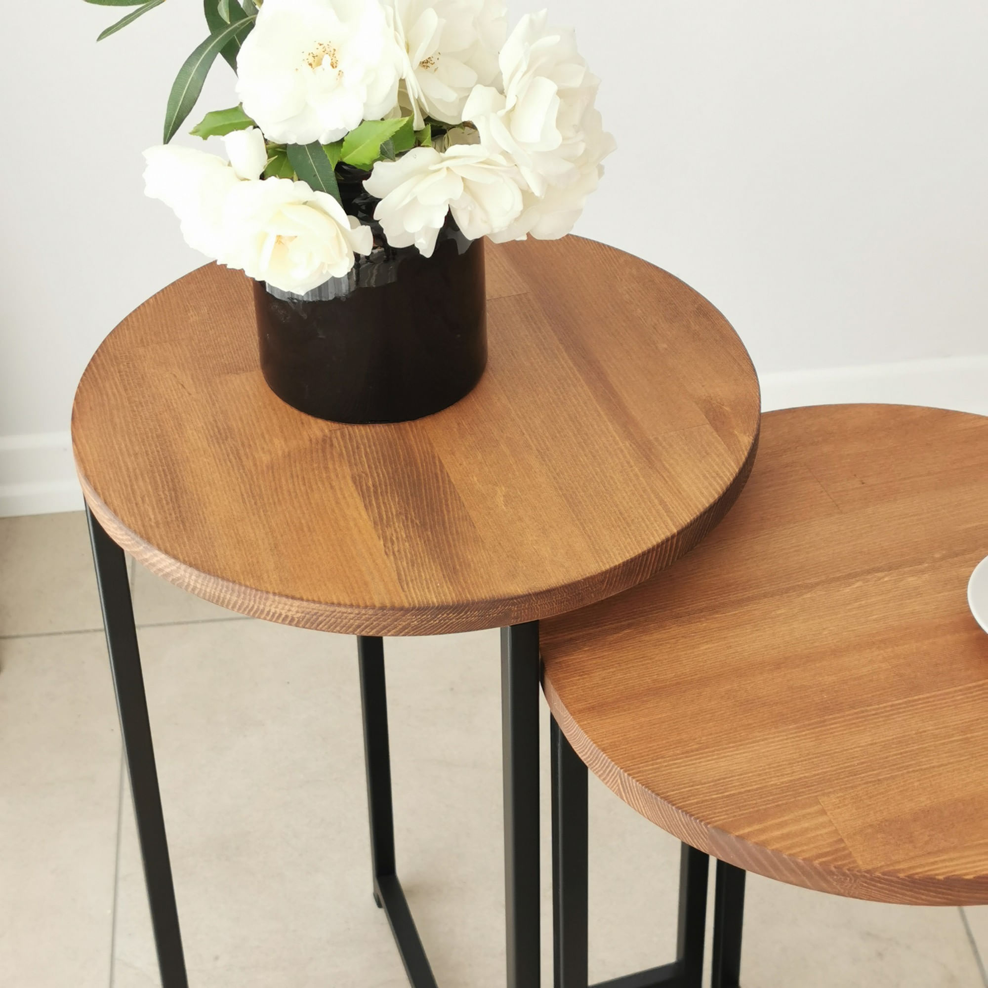 Set masute de cafea, Hanah Home, lemn masiv de pin, stejar, 35x35x55 cm, cadru metalic — imaginea 3