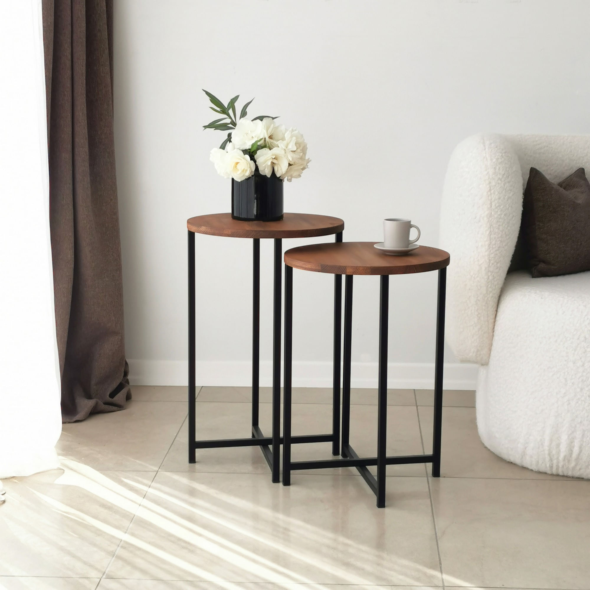 Set masute de cafea, Hanah Home, lemn masiv de pin, stejar, 35x35x55 cm, cadru metalic — imaginea 4