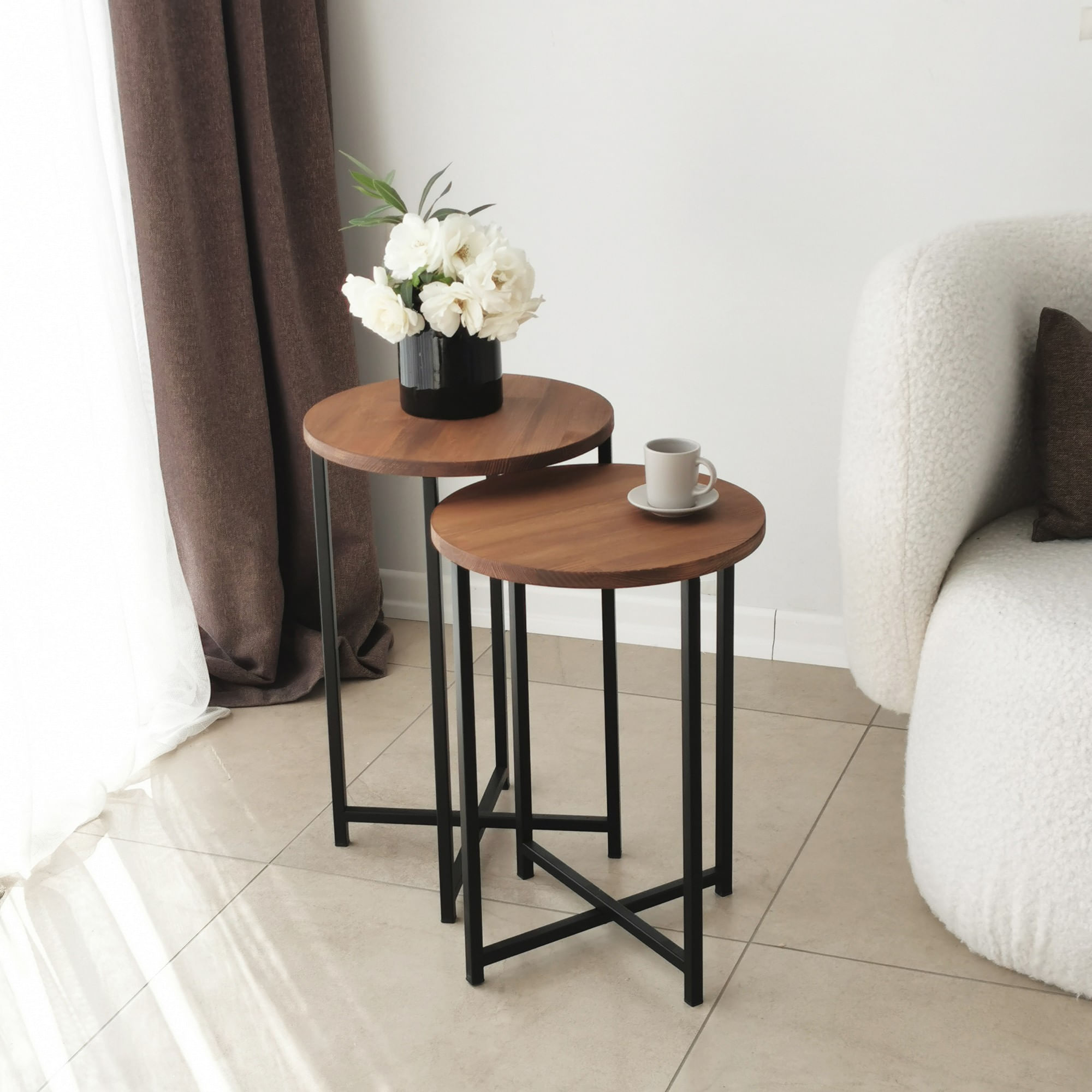 Set masute de cafea, Hanah Home, lemn masiv de pin, stejar, 35x35x55 cm, cadru metalic — imaginea 5