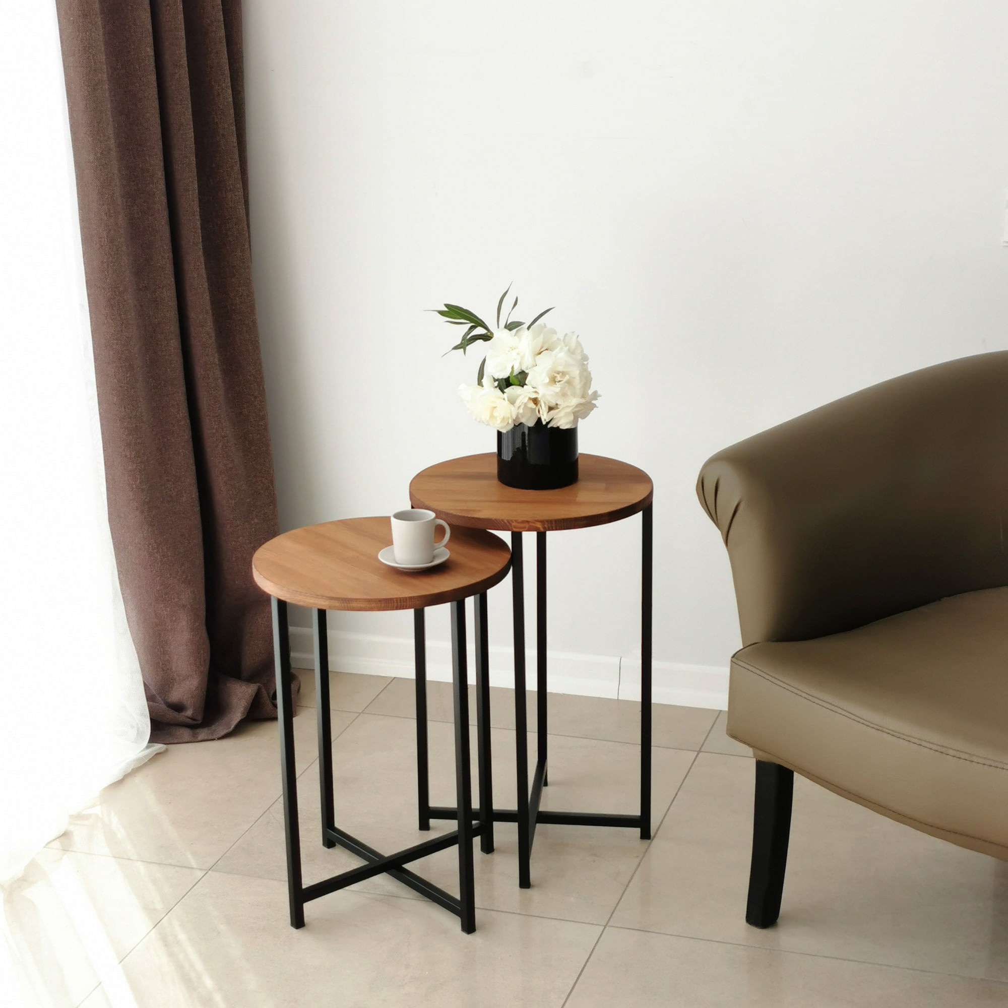 Set masute de cafea, Hanah Home, lemn masiv de pin, stejar, 35x35x55 cm, cadru metalic — imaginea 6
