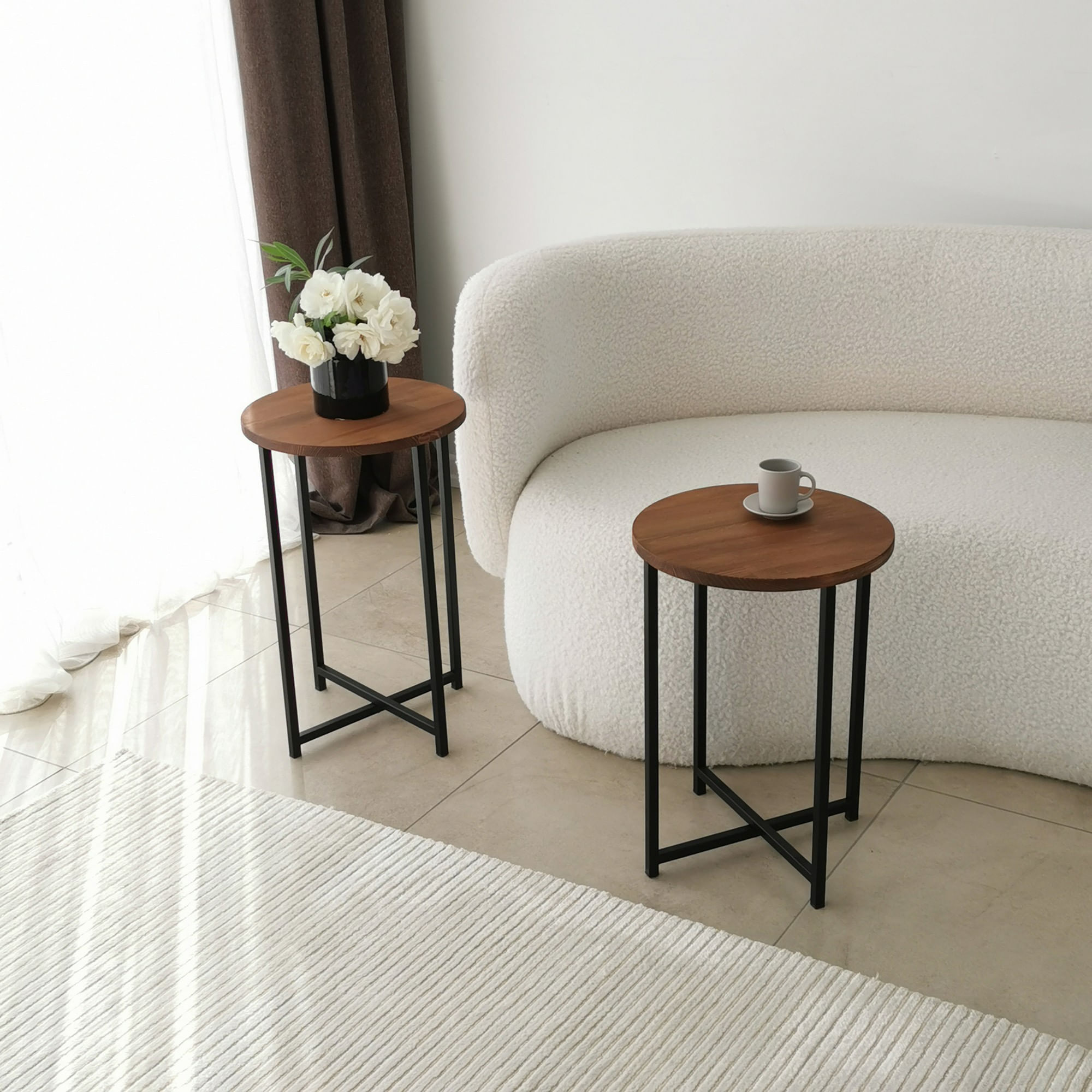 Set masute de cafea, Hanah Home, lemn masiv de pin, stejar, 35x35x55 cm, cadru metalic — imaginea 7