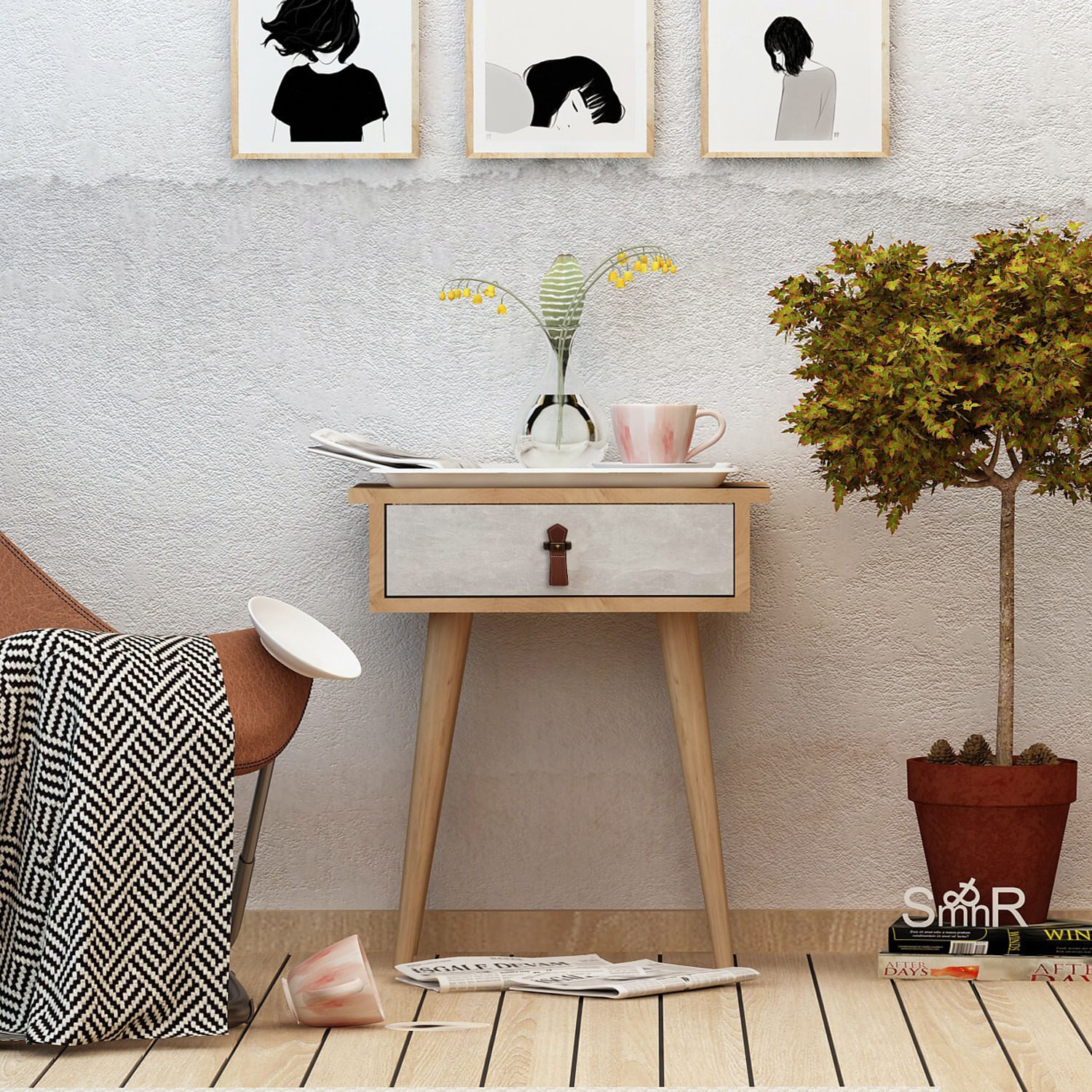 Noptiera, Hanah Home, pal melaminat, stejar si alb, 40x35x65.6 cm — imaginea 3
