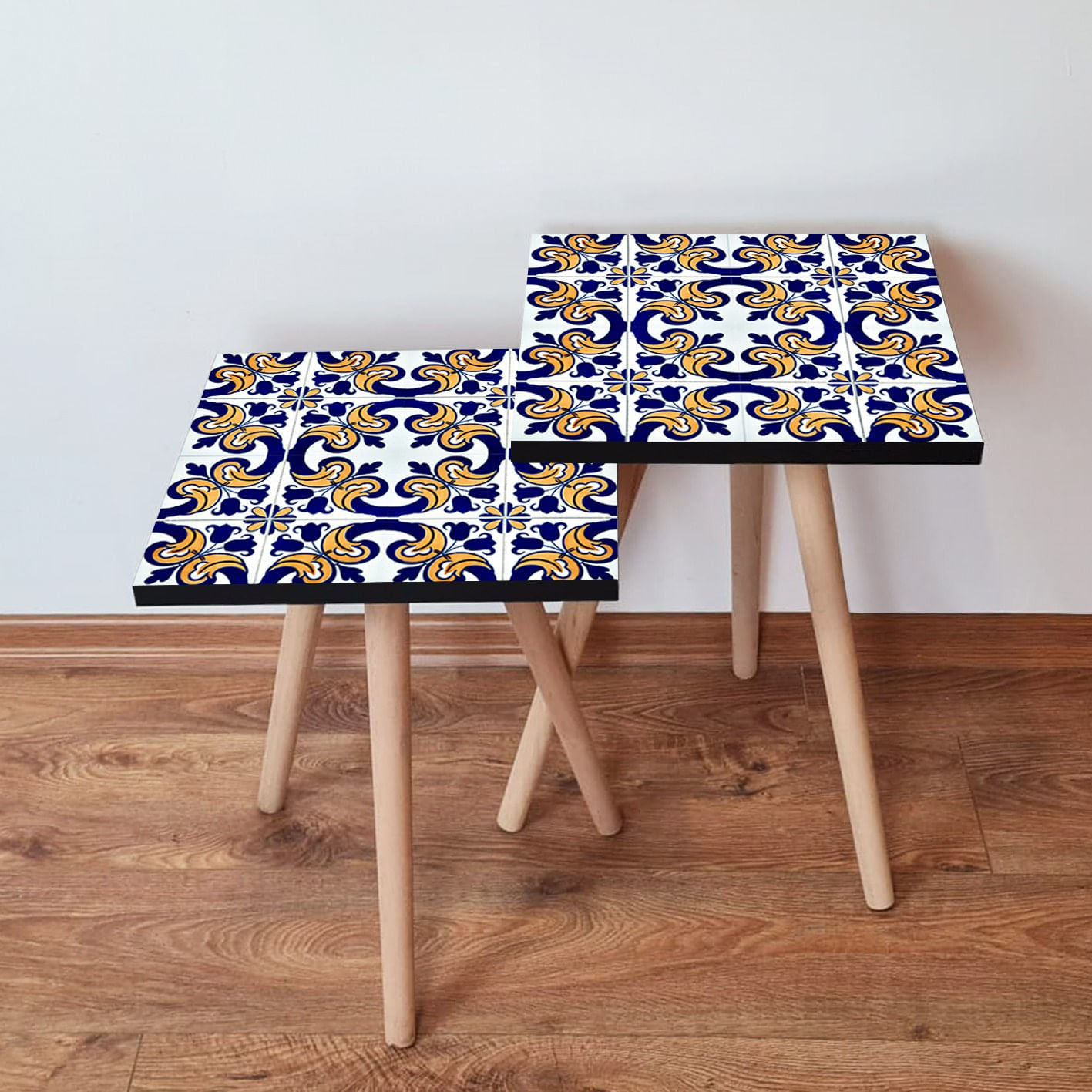 Set masute de cafea, Hanah Home, mdf, albastru marin alb galben, 35x35x47 cm