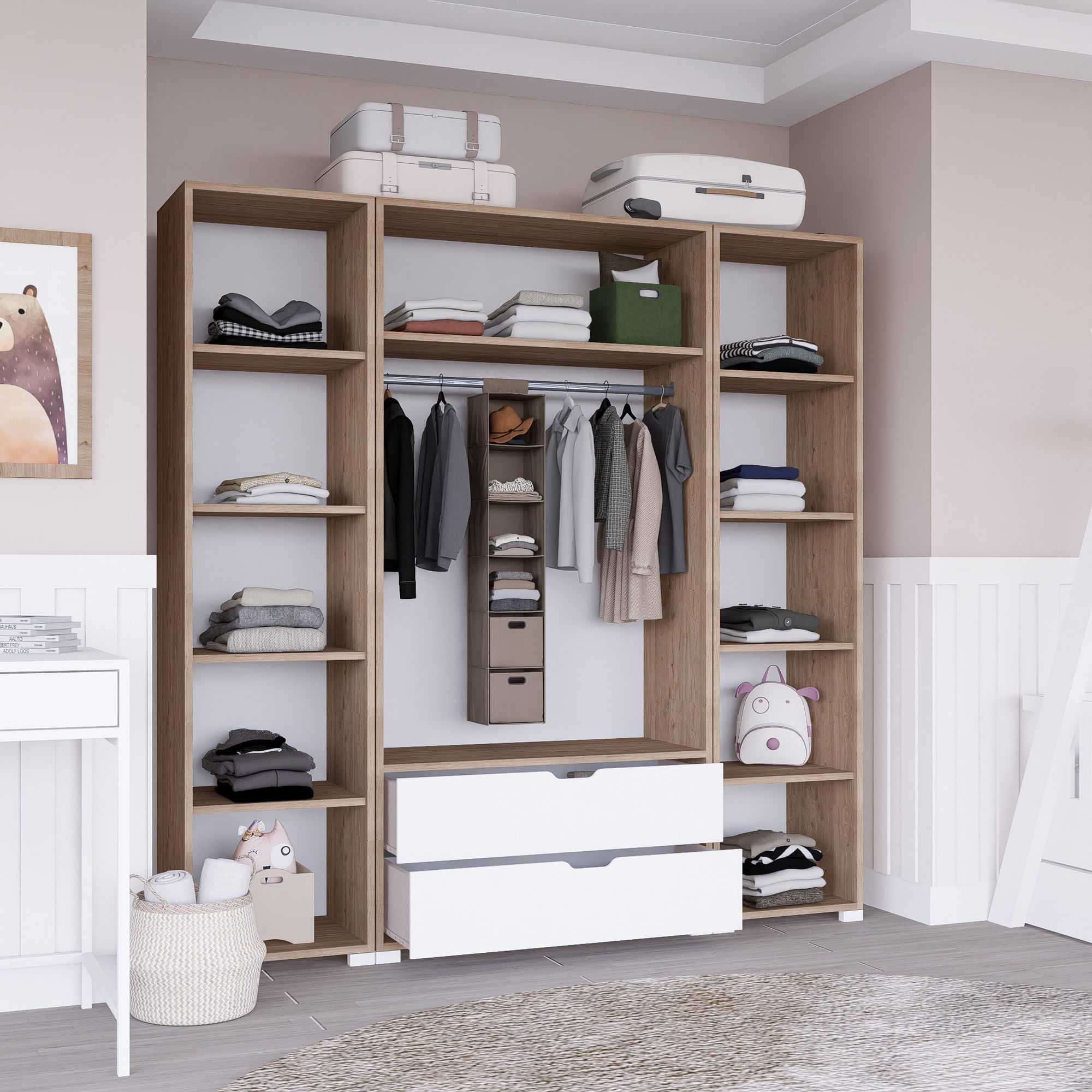 Sifonier, Hanah Home, pal melaminat, nuc deschis si alb, 140x45x182 cm — imaginea 9