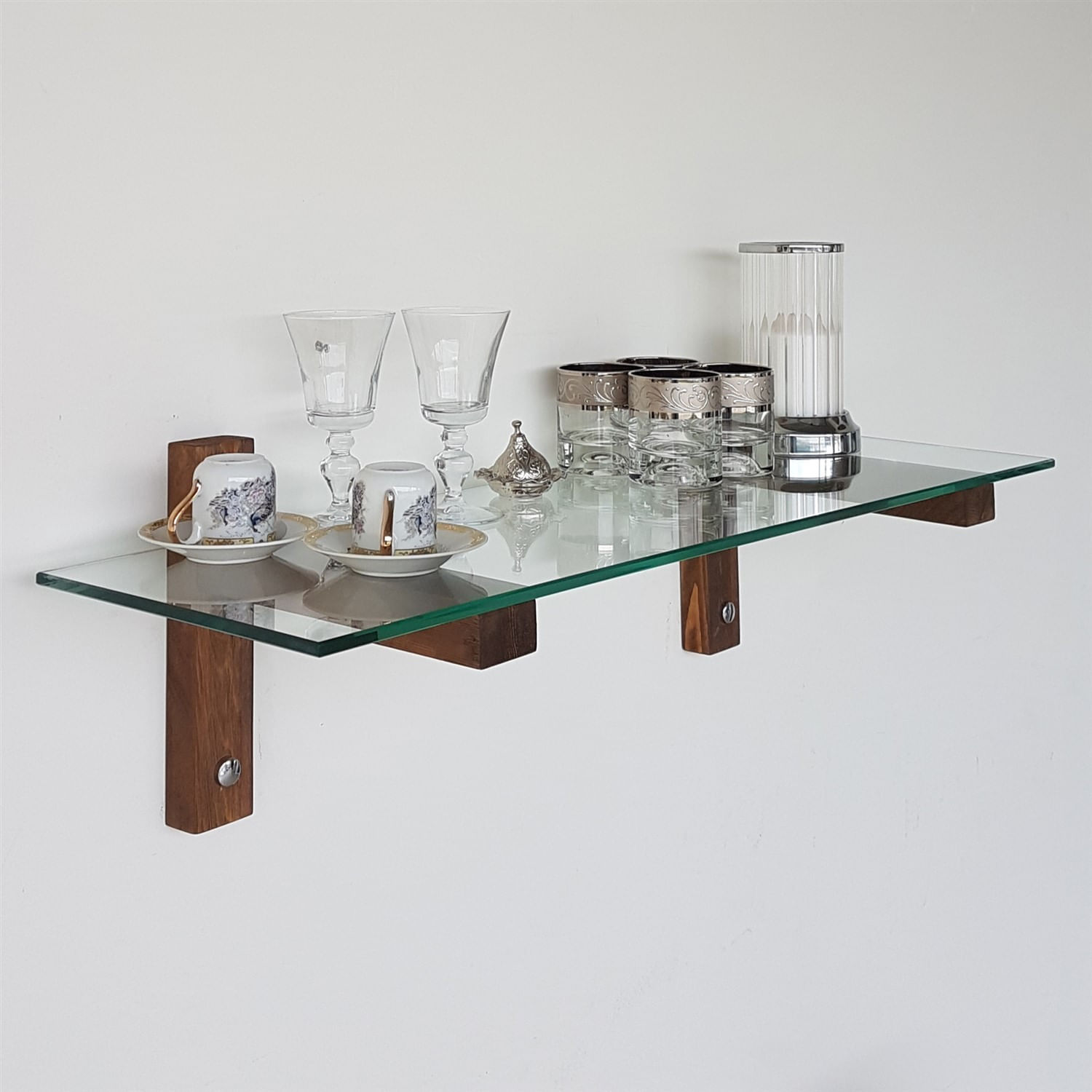 Raft de perete, Hanah Home, sticla securizata si lemn masiv de pin, nuc, 85x25x25 cm — imaginea 2
