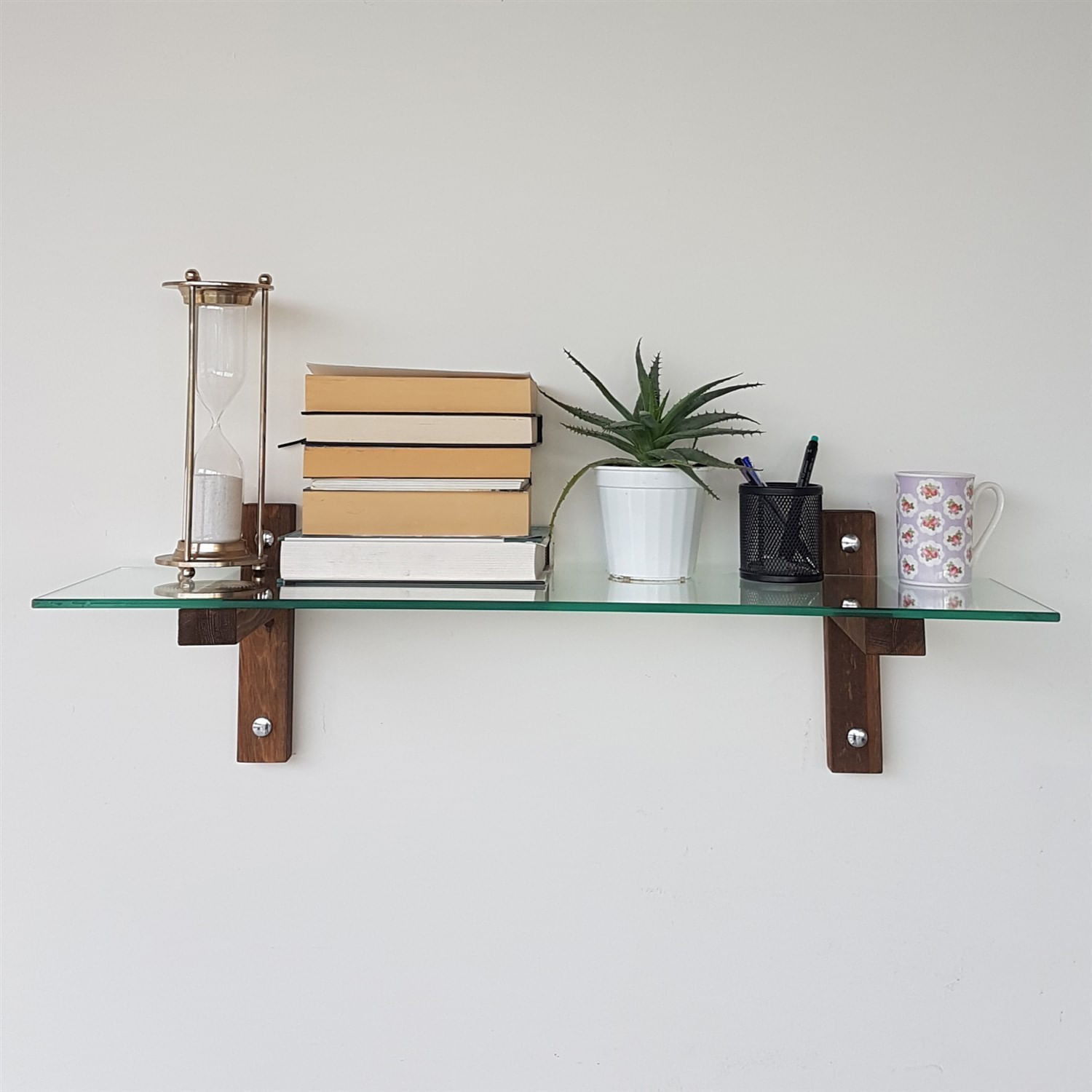 Raft de perete, Hanah Home, sticla securizata si lemn masiv de pin, nuc, 85x25x25 cm — imaginea 3
