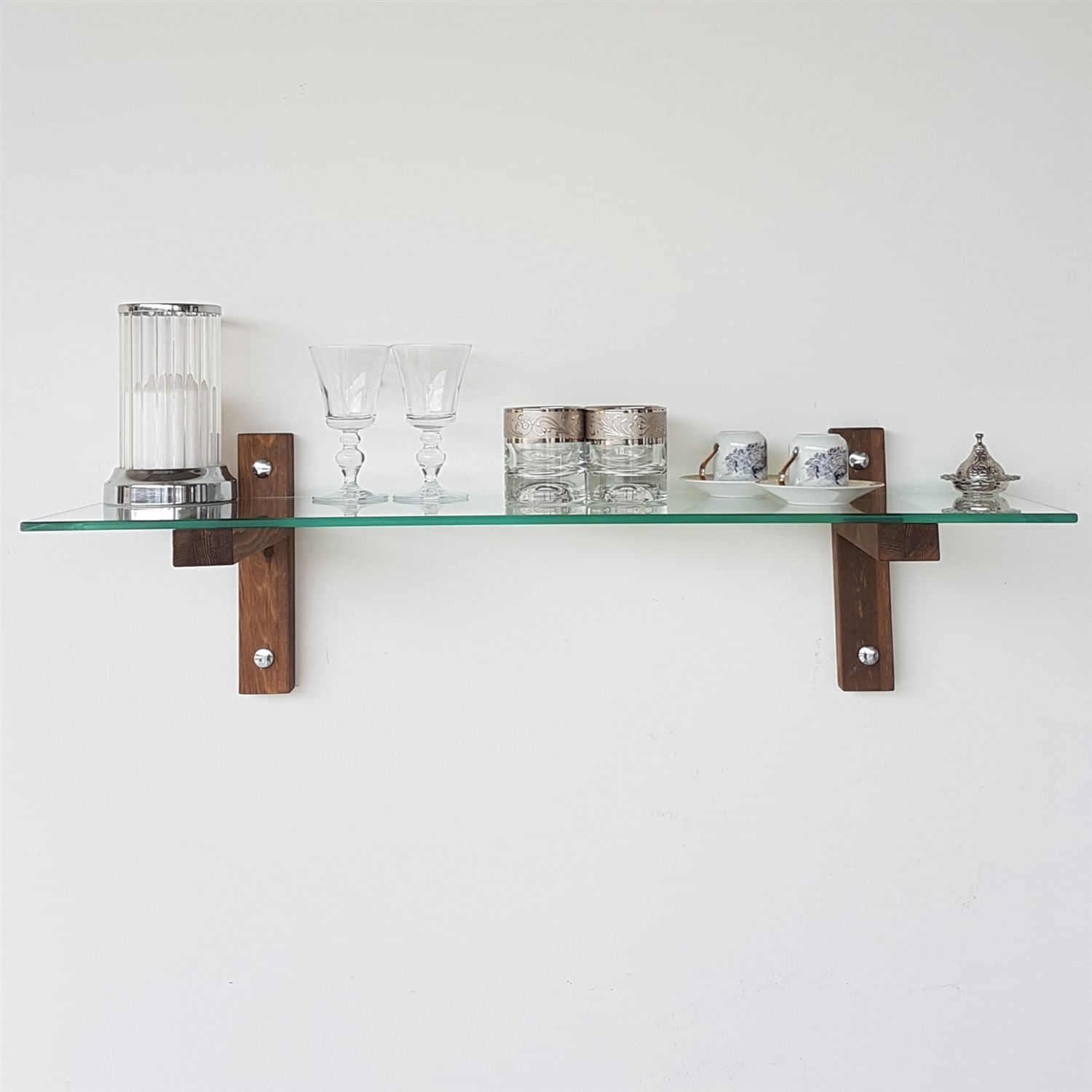 Raft de perete, Hanah Home, sticla securizata si lemn masiv de pin, nuc, 85x25x25 cm — imaginea 4