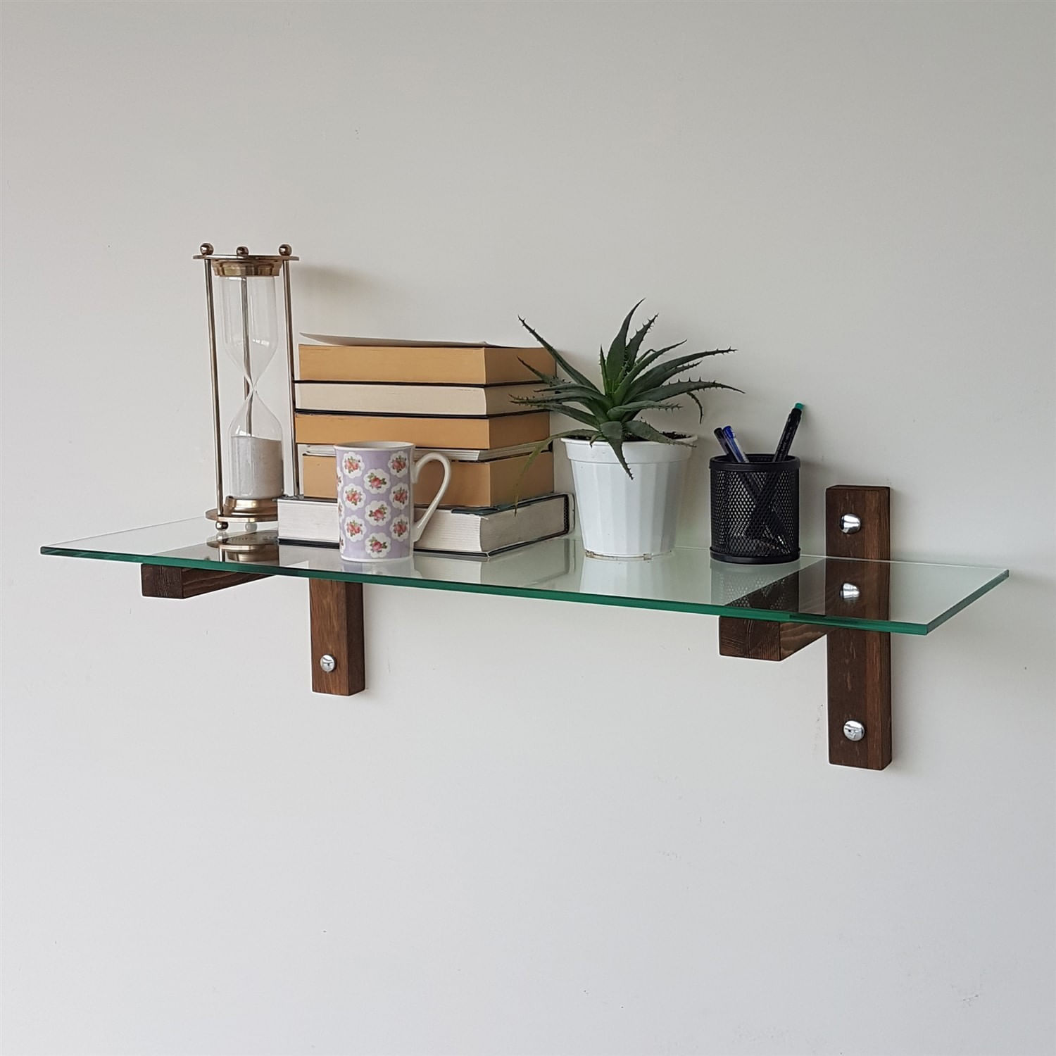 Raft de perete, Hanah Home, sticla securizata si lemn masiv de pin, nuc, 85x25x25 cm — imaginea 5