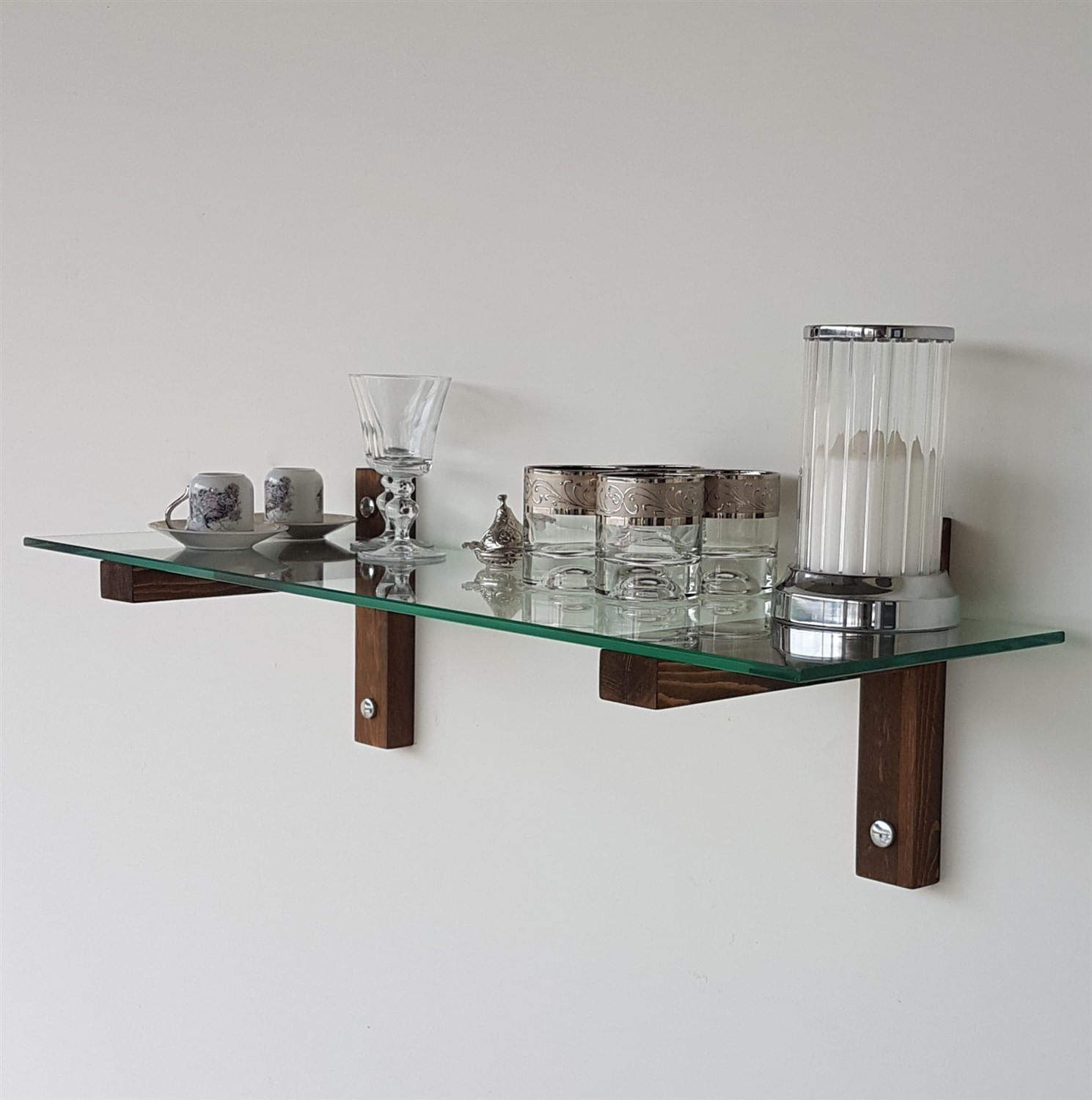 Raft de perete, Hanah Home, sticla securizata si lemn masiv de pin, nuc, 85x25x25 cm — imaginea 7