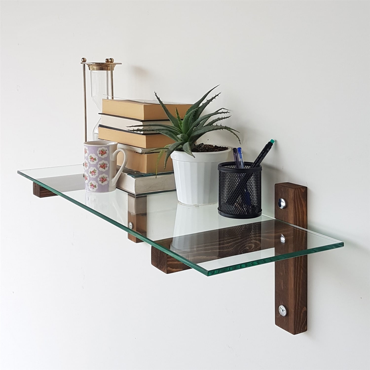 Raft de perete, Hanah Home, sticla securizata si lemn masiv de pin, nuc, 85x25x25 cm — imaginea 9
