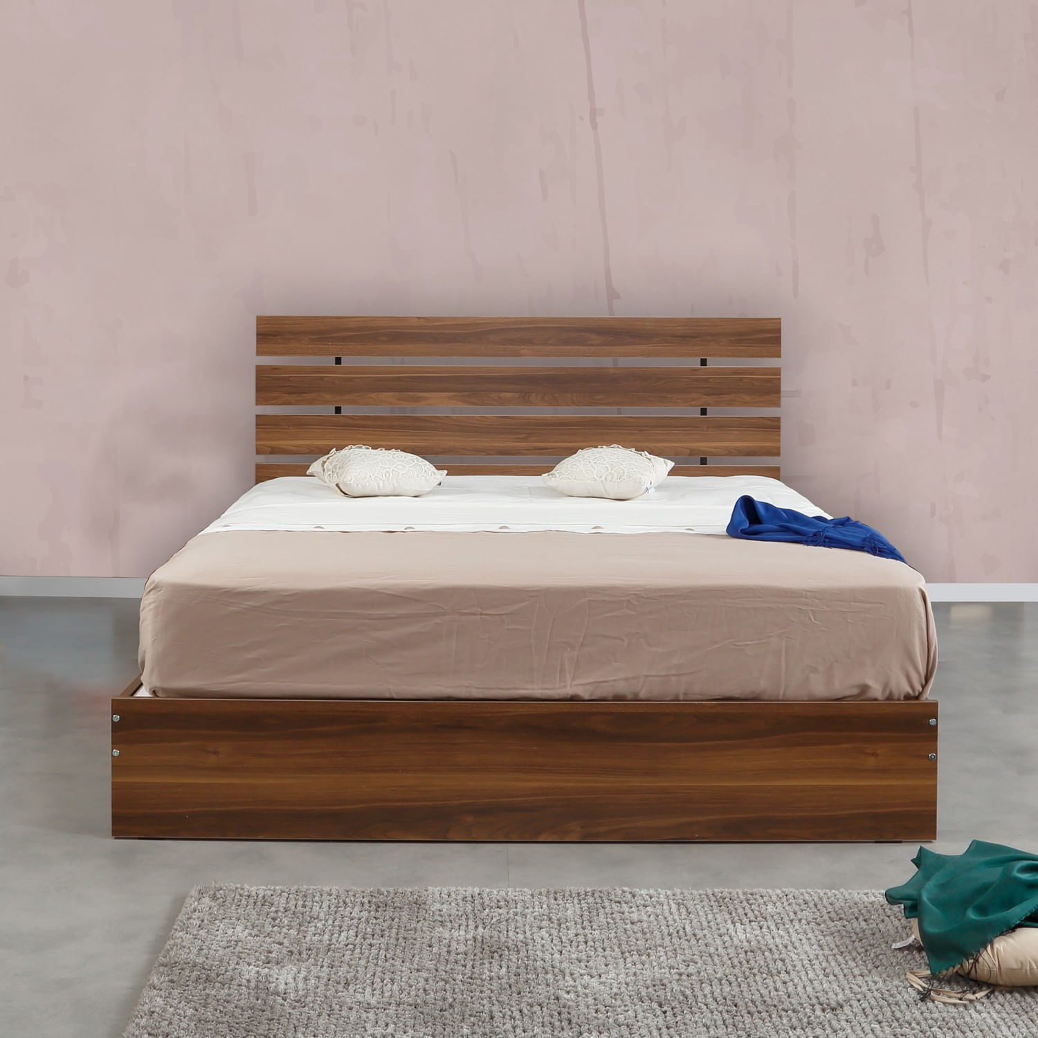 Somiera dubla, Hanah Home, panou de particule cu melamina, nuc, 155x205x100 cm — imaginea 4