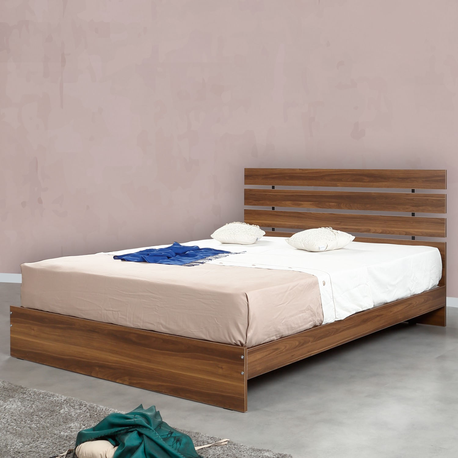 Somiera dubla, Hanah Home, panou aglomerat melaminat, nuc, 185x205x100 cm — imaginea 4