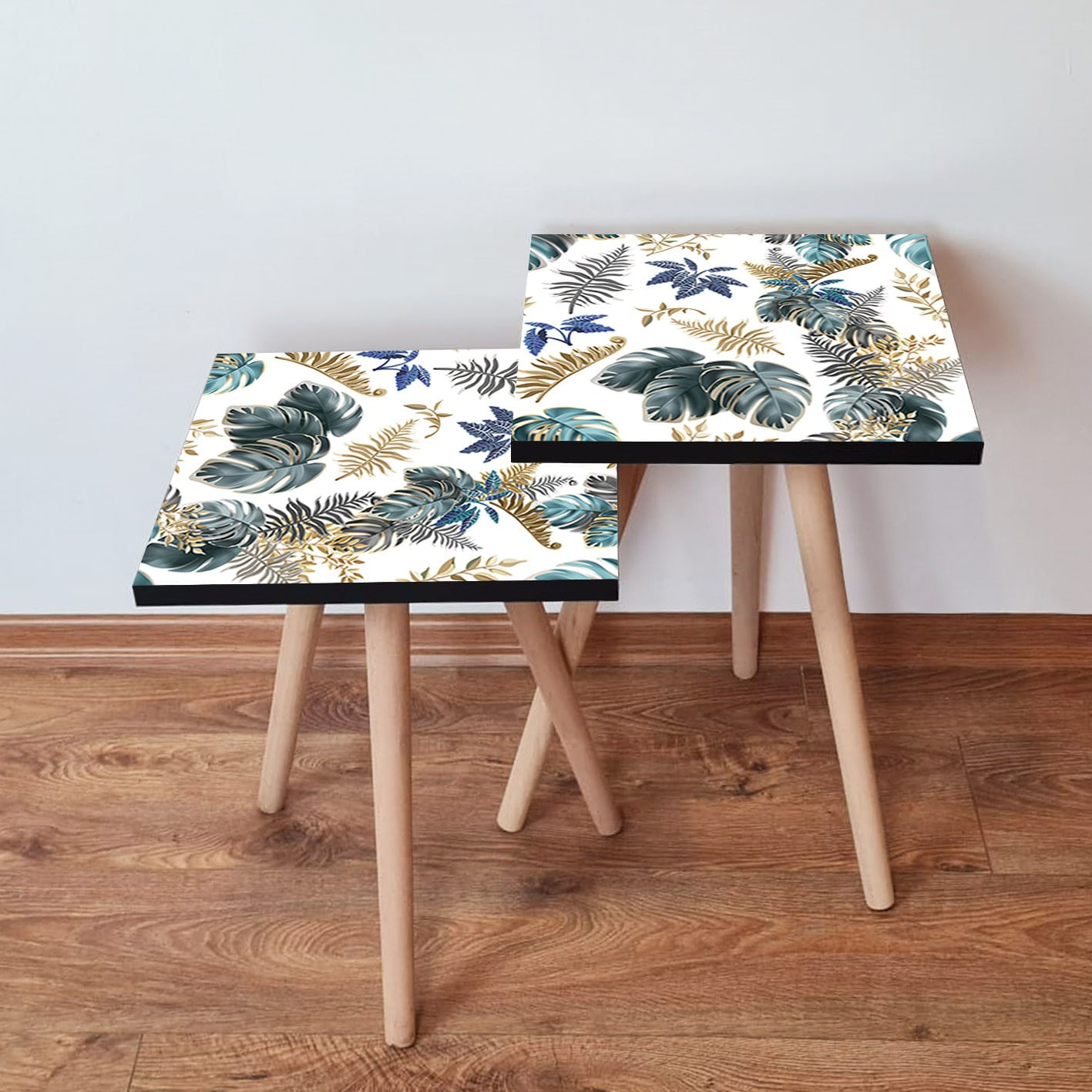 Set masute de cafea suprapuse, Hanah Home, mdf, gri, verde, alb, auriu, 35x35x47 cm, picioare lemn fag