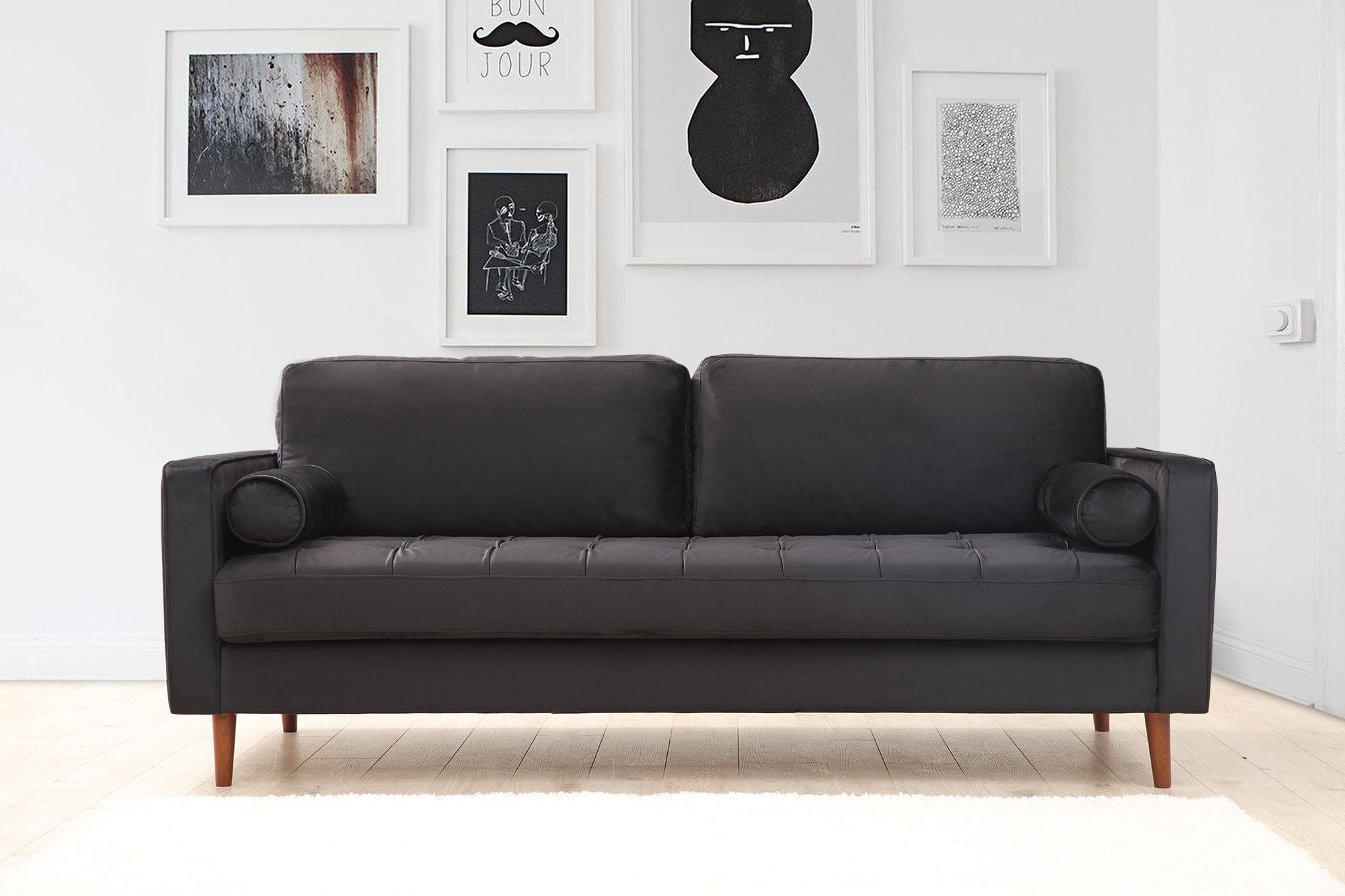 Canapea 3 locuri, Atelier Del Sofa, lemn fag si pal, negru si stejar, 215x90x70 cm — imaginea 4