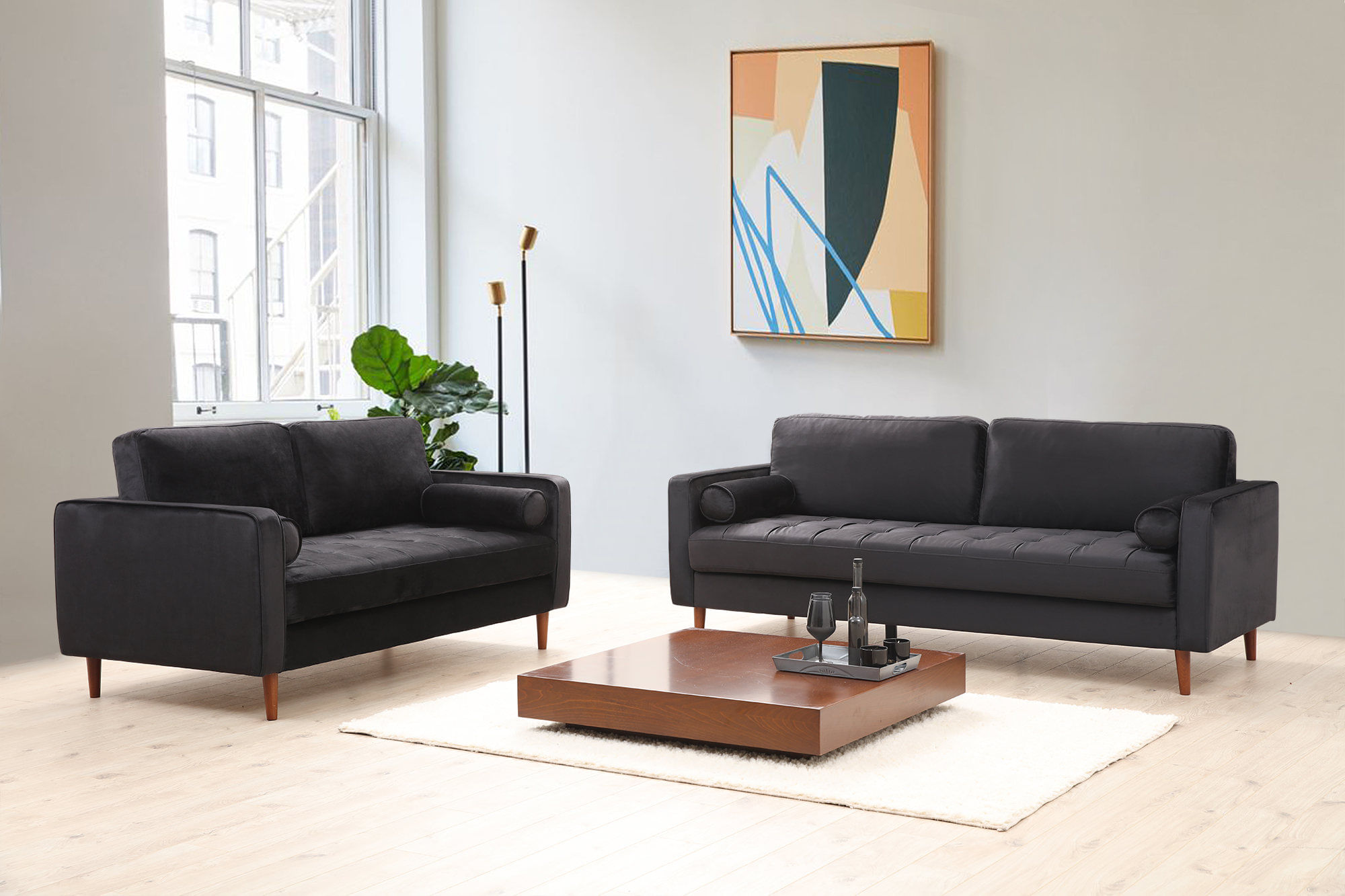 Canapea 3 locuri, Atelier Del Sofa, lemn fag si pal, negru si stejar, 215x90x70 cm — imaginea 9