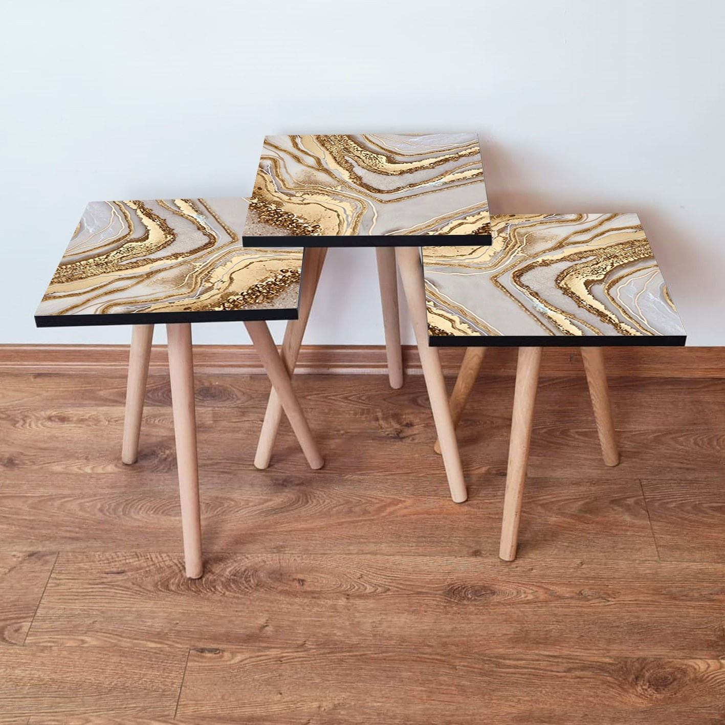 Set masute de cafea, Hanah Home, mdf, bej maro auriu, 3 piese, 35x35x52 cm