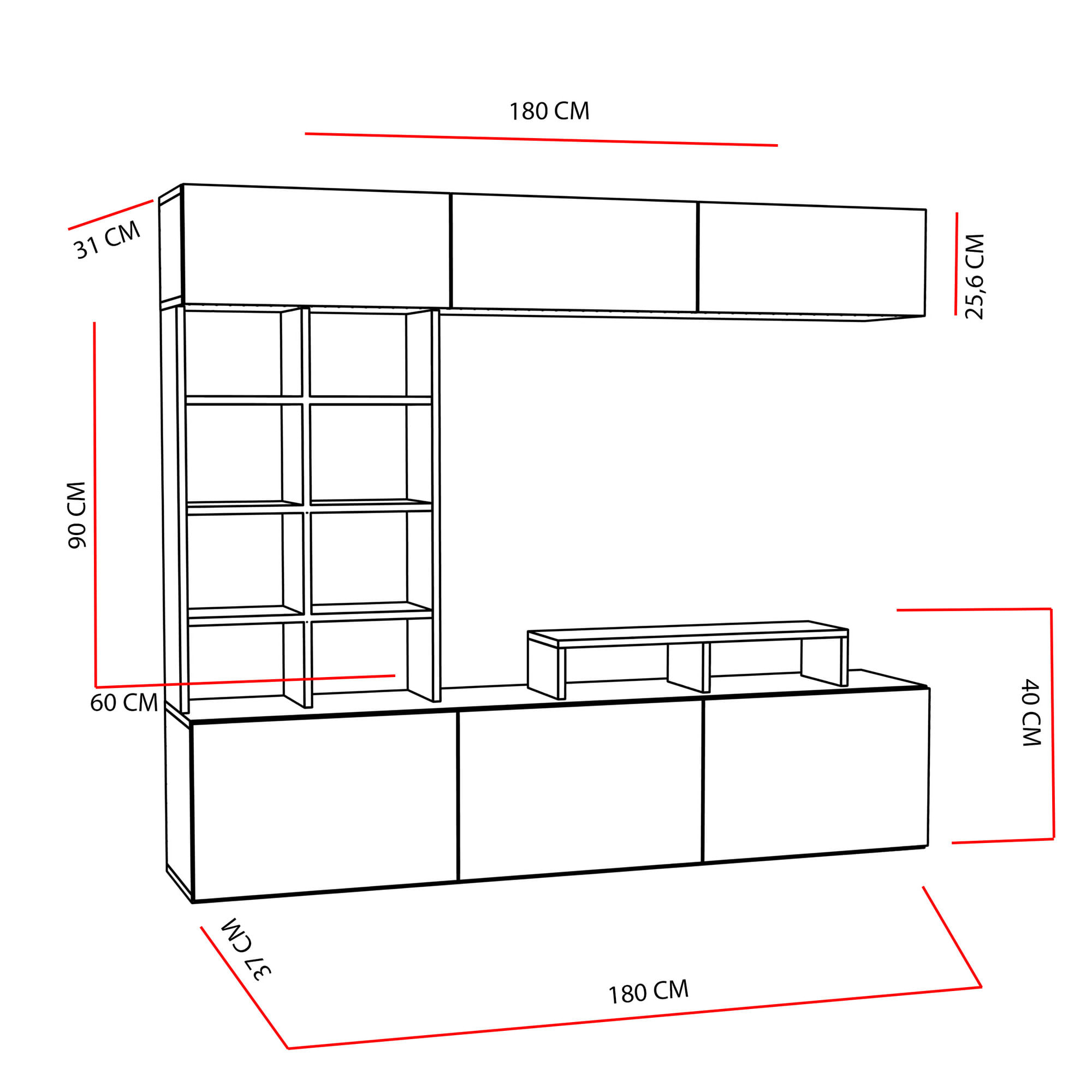 Comoda tv, Hanah Home, pal melaminat, tec si negru, 180x40x37 cm — imaginea 2