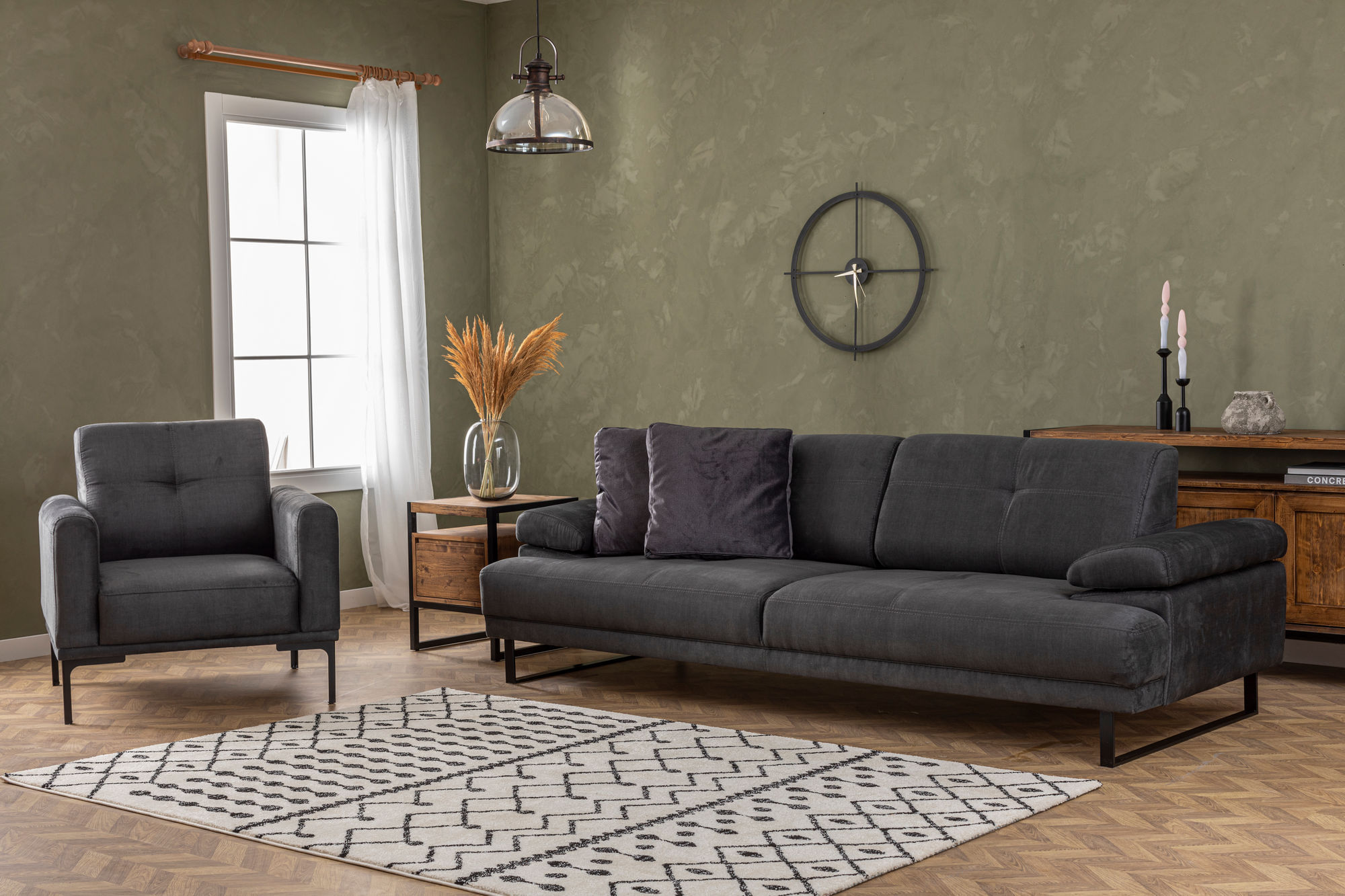 Canapea extensibila 3 locuri, Hanah Home, material textil, antracit, 239x99x83 cm — imaginea 3