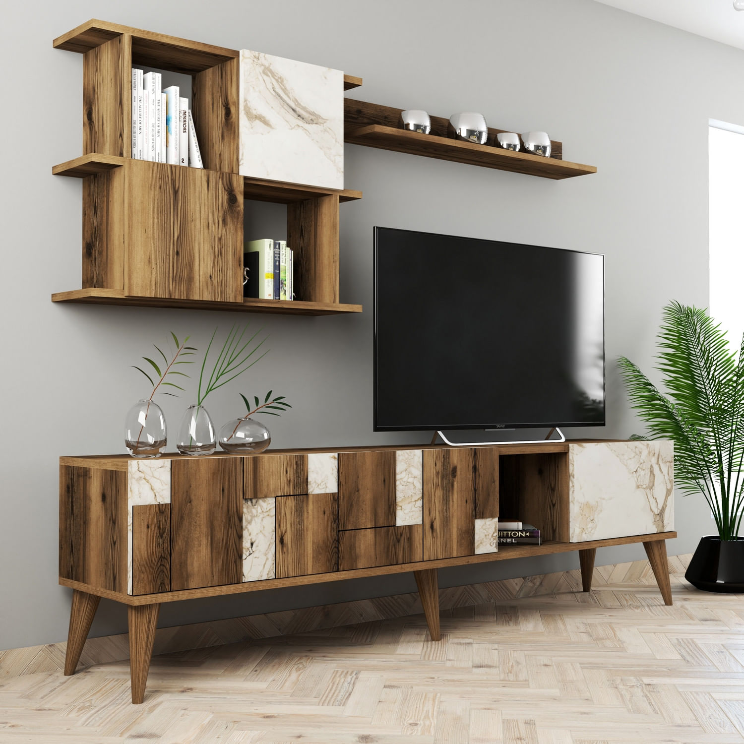 Comoda tv, Hanah Home, pal melaminat, alb si nuc, 180x48.6x33.8 cm — imaginea 2