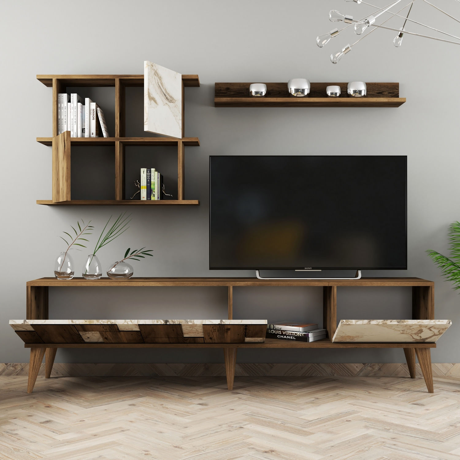 Comoda tv, Hanah Home, pal melaminat, alb si nuc, 180x48.6x33.8 cm — imaginea 3