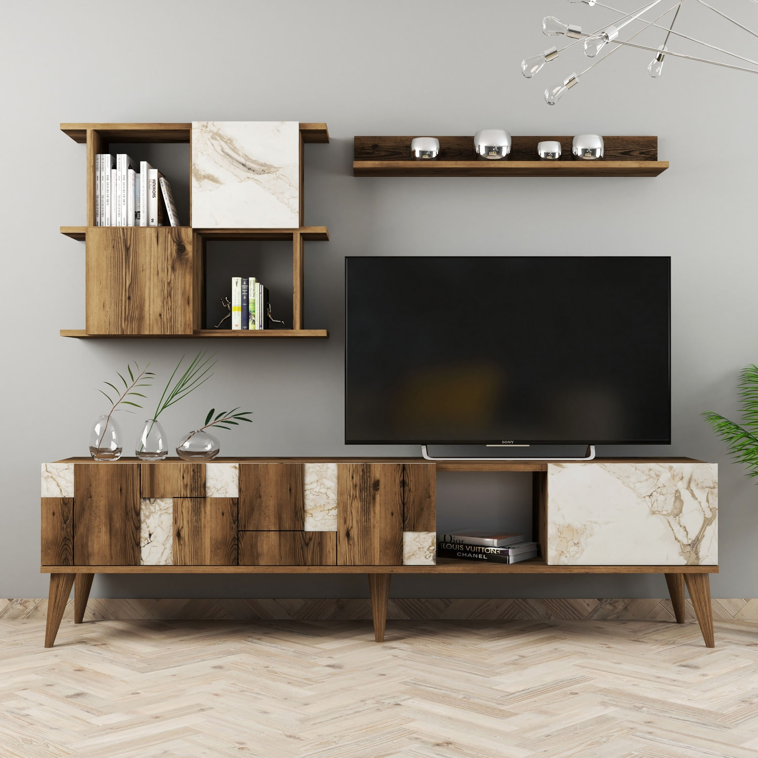 Comoda tv, Hanah Home, pal melaminat, alb si nuc, 180x48.6x33.8 cm — imaginea 4