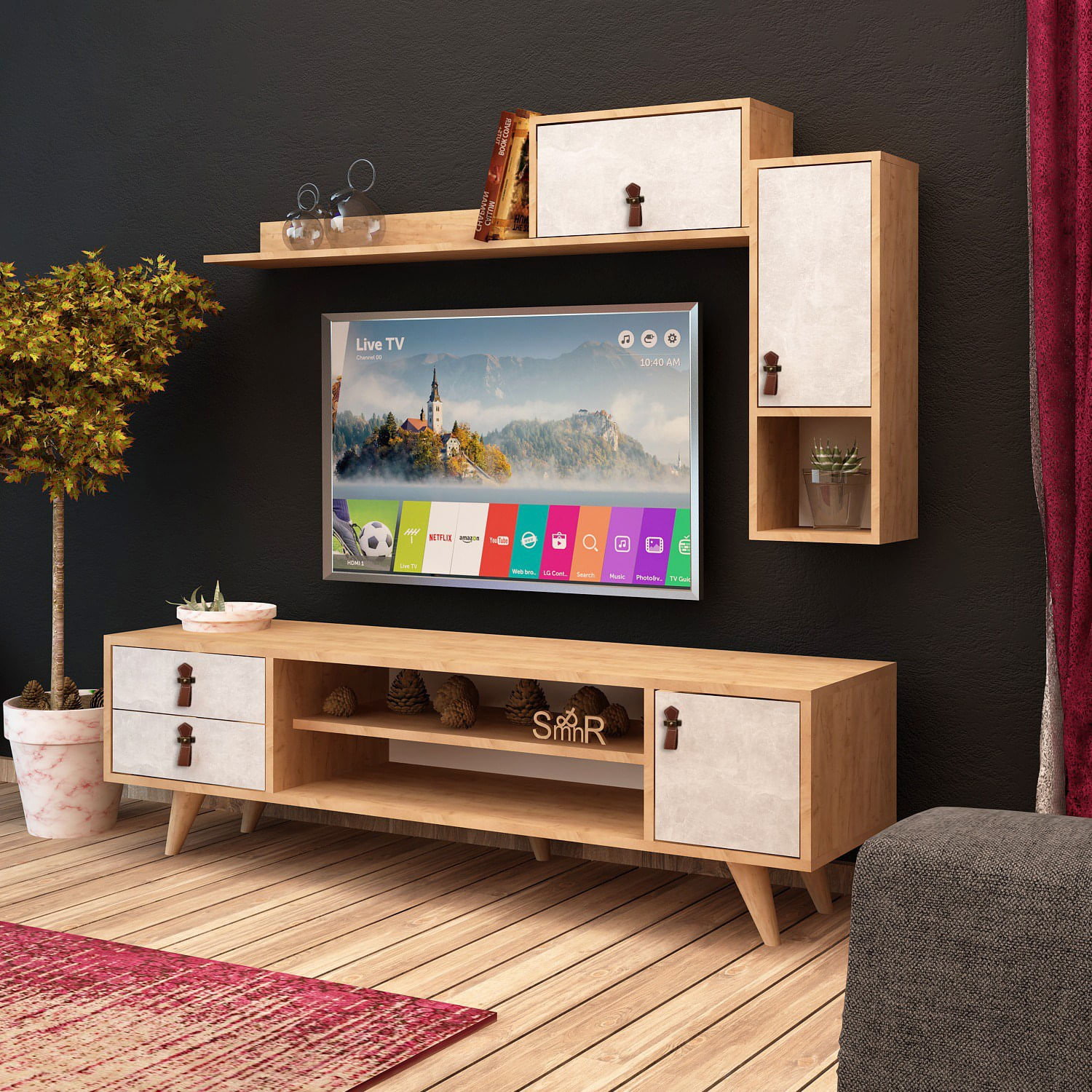 Comoda tv, Hanah Home, pal melaminat, stejar alb, 140x53x40 cm — imaginea 3
