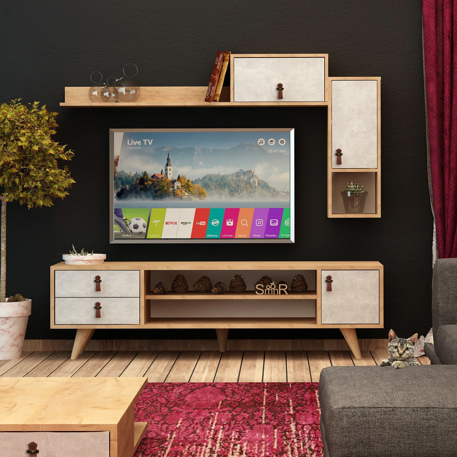 Comoda tv, Hanah Home, pal melaminat, stejar alb, 140x53x40 cm — imaginea 6