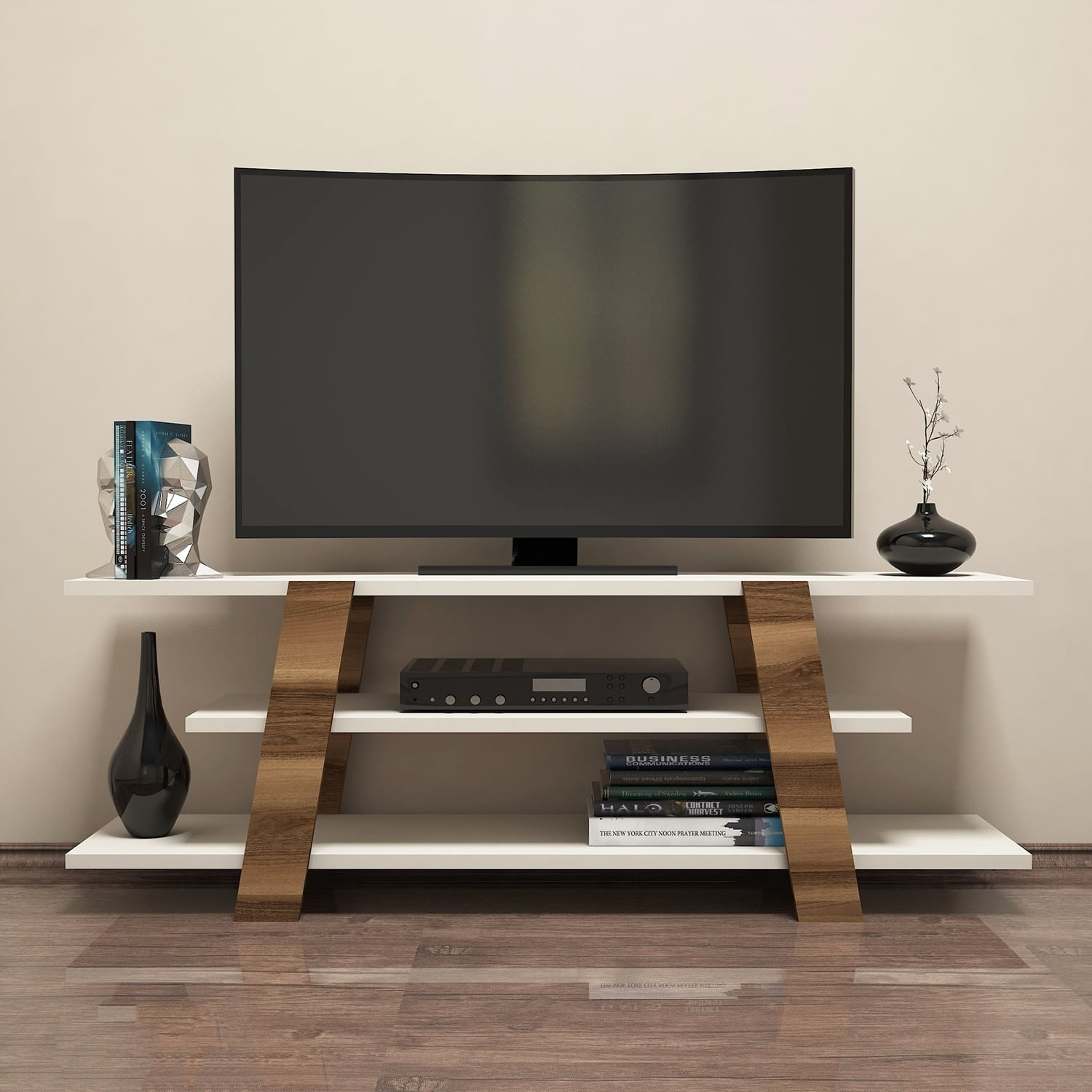 Comoda tv, Hanah Home, pal melaminat, nuc si crem, 120x42x33.6 cm — imaginea 3