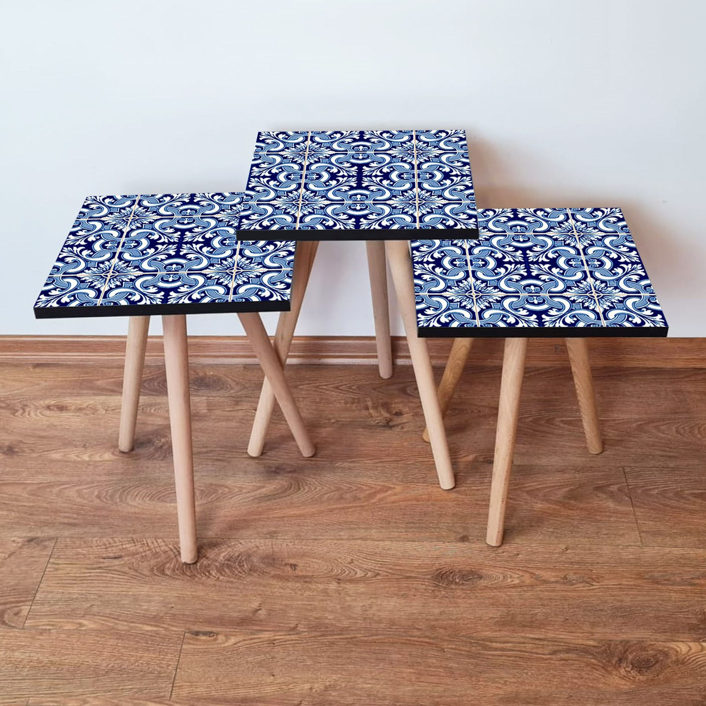 Set masute cuib, Hanah Home, mdf, albastru marin, alb, fag, 35x35x52 cm