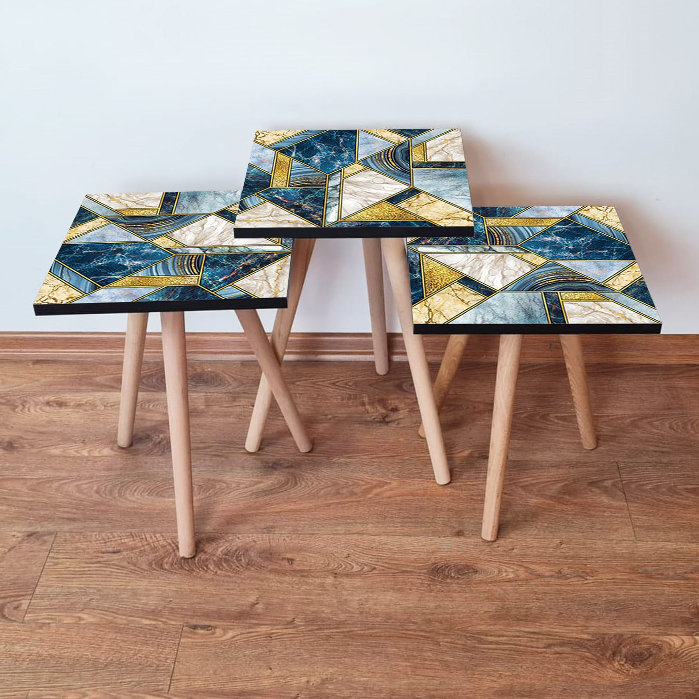 Set masute cuib, Hanah Home, mdf, albastru marin, albastru, auriu, alb, 35x35x52 cm