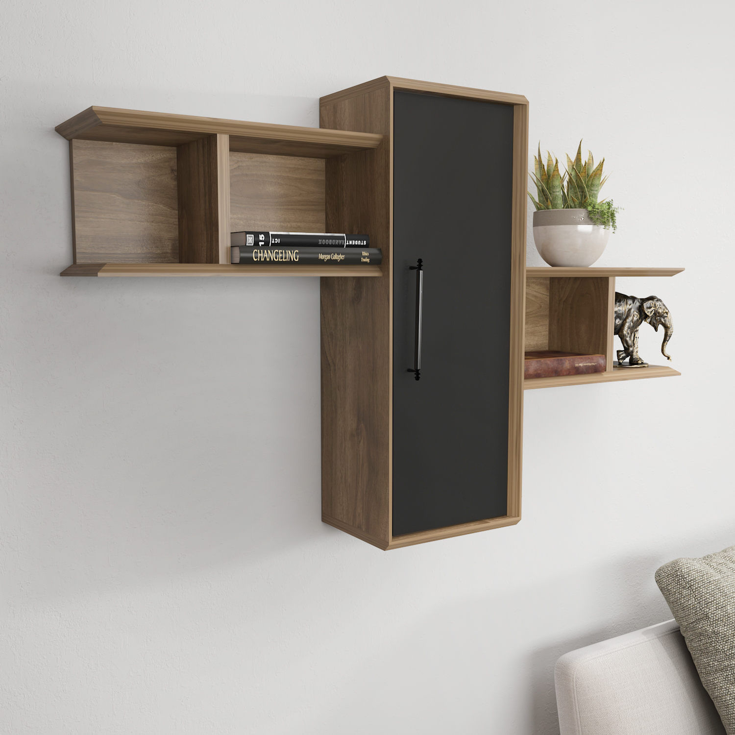 Raft de perete, Hanah Home, pal melaminat, nuc si negru, 118.6x35x51.8 cm — imaginea 2