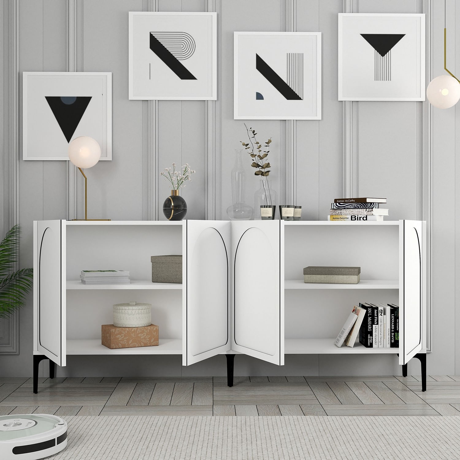 Consola, Hanah Home, pal melaminat, alb si negru, 180x35x79 cm — imaginea 5