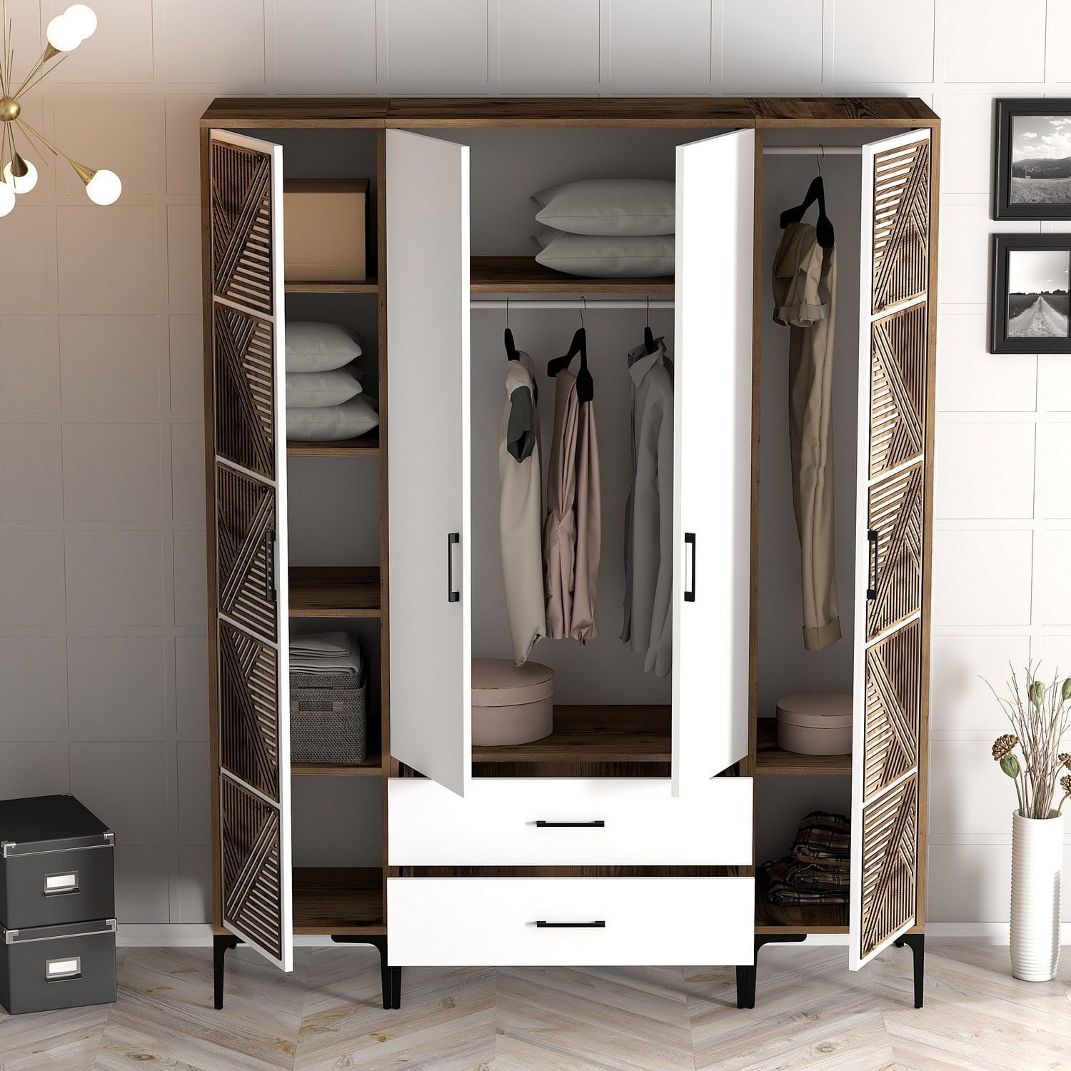Sifonier, Hanah Home, panou de particule melaminat, nuc si alb, 160x47.5x201.4 cm — imaginea 2