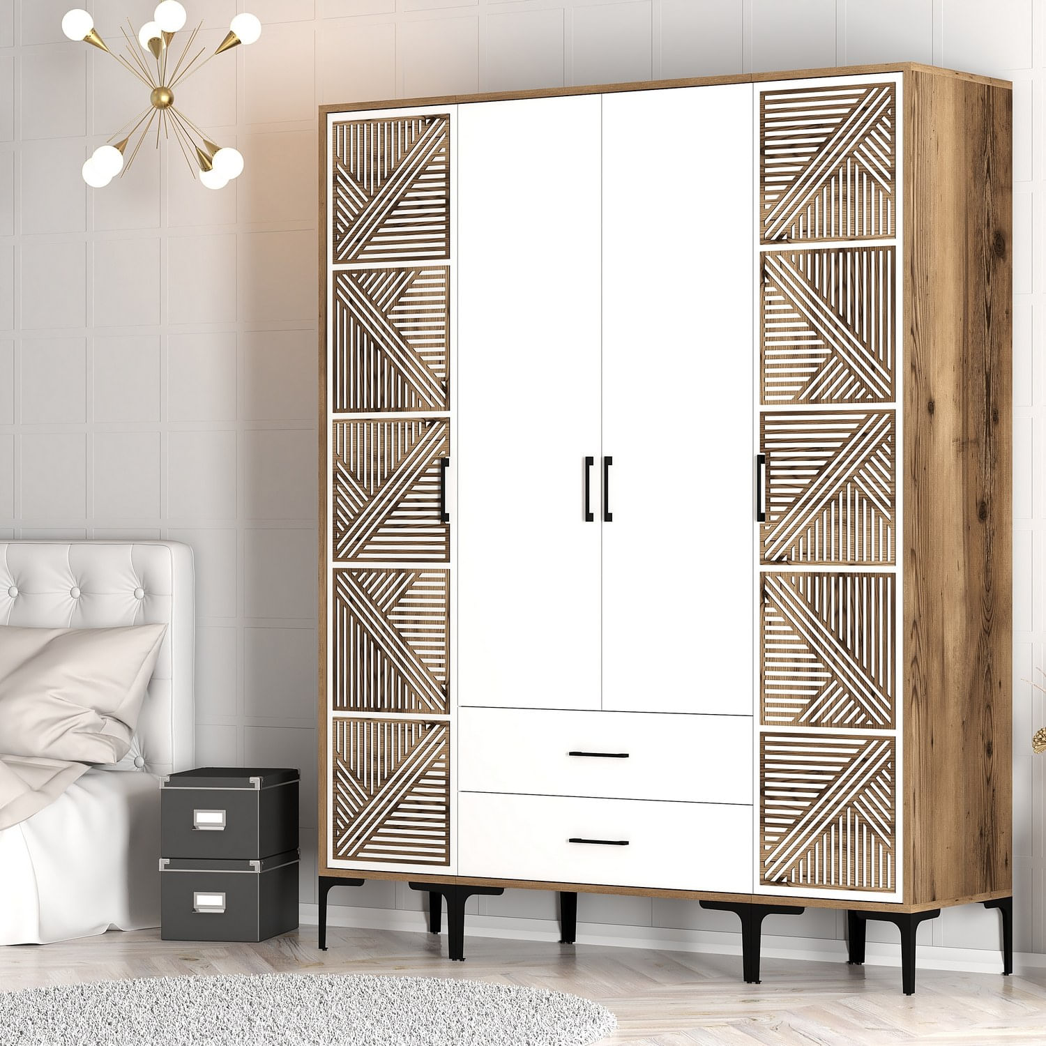 Sifonier, Hanah Home, panou de particule melaminat, nuc si alb, 160x47.5x201.4 cm — imaginea 3