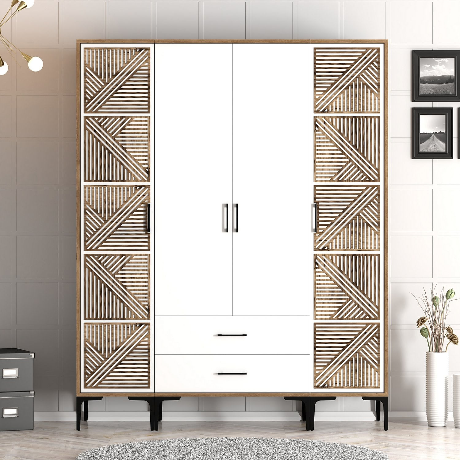 Sifonier, Hanah Home, panou de particule melaminat, nuc si alb, 160x47.5x201.4 cm — imaginea 6