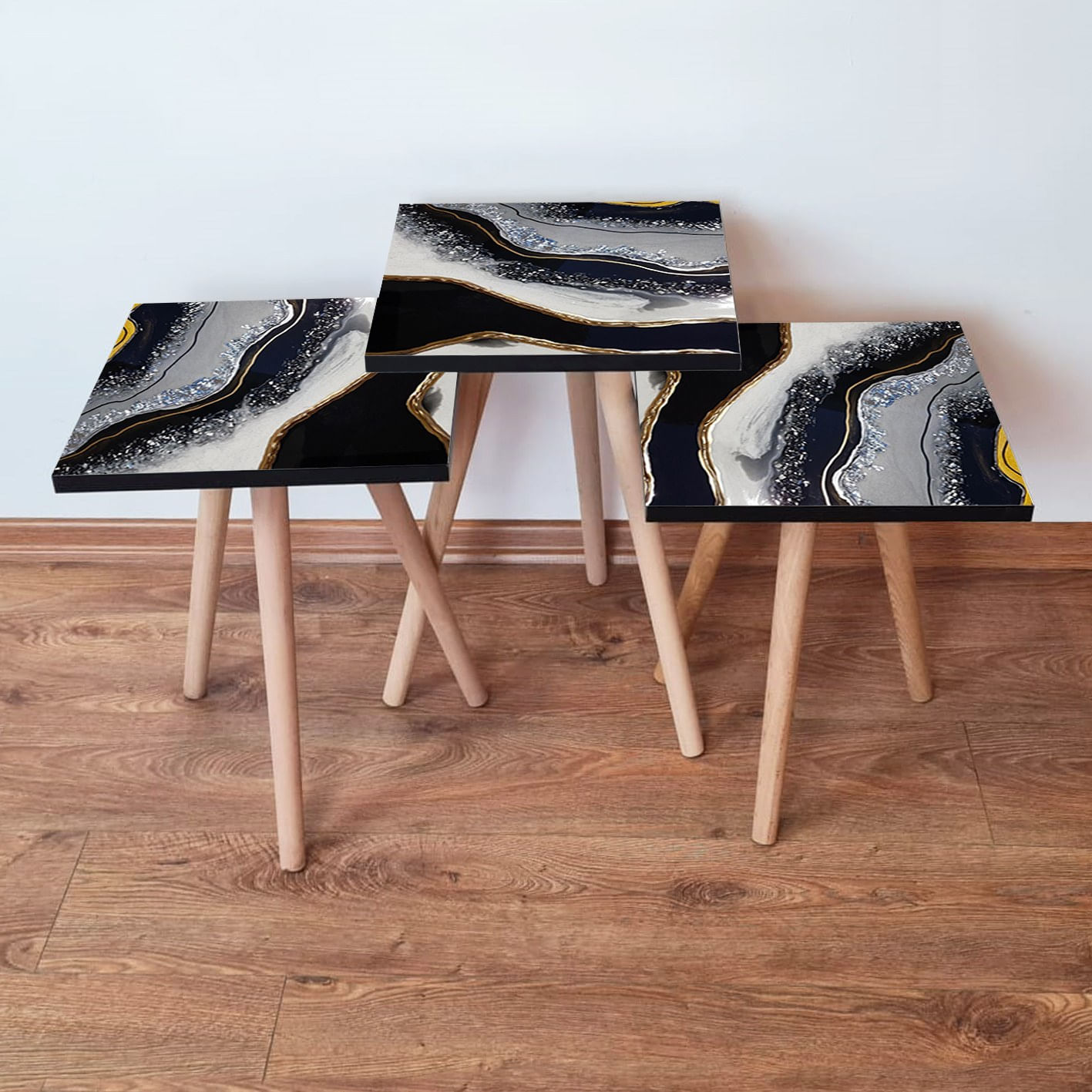 Set mese cuib, Hanah Home, mdf, alb negru gri, 35x35x52 cm