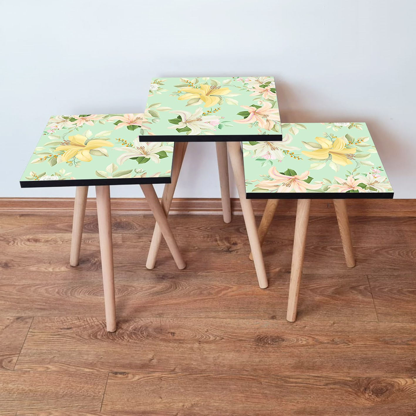 Set masute cuib, Hanah Home, mdf, verde galben bej, 35x35x52 cm
