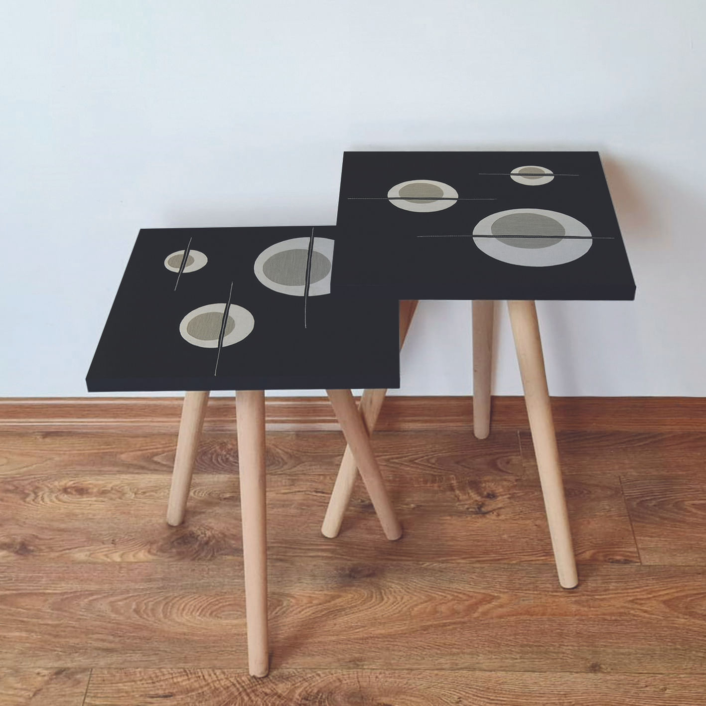 Set masute de cafea, Hanah Home, mdf, picioare lemn fag, negru/bej/gri, 35x35x47 cm, 35x35x42 cm