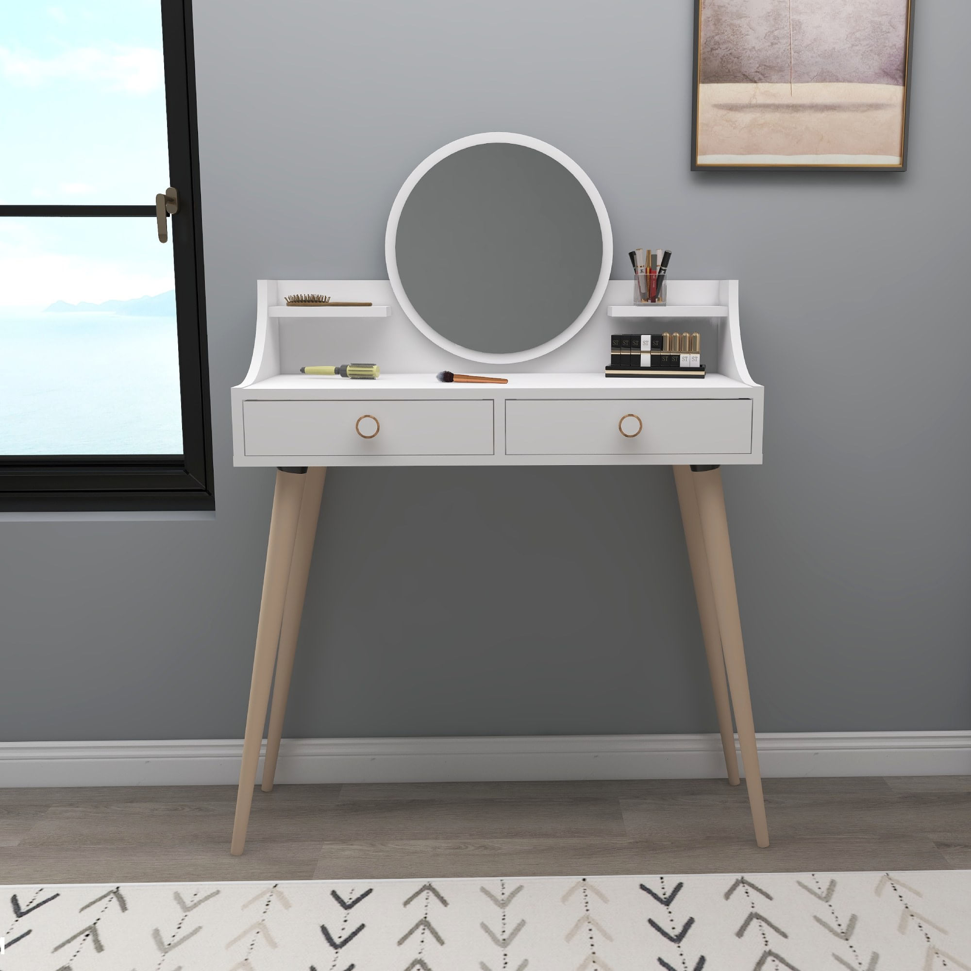 Masa de machiaj, Hanah Home, panou aglomerat cu melamina, alb, 90x35x131 cm — imaginea 3
