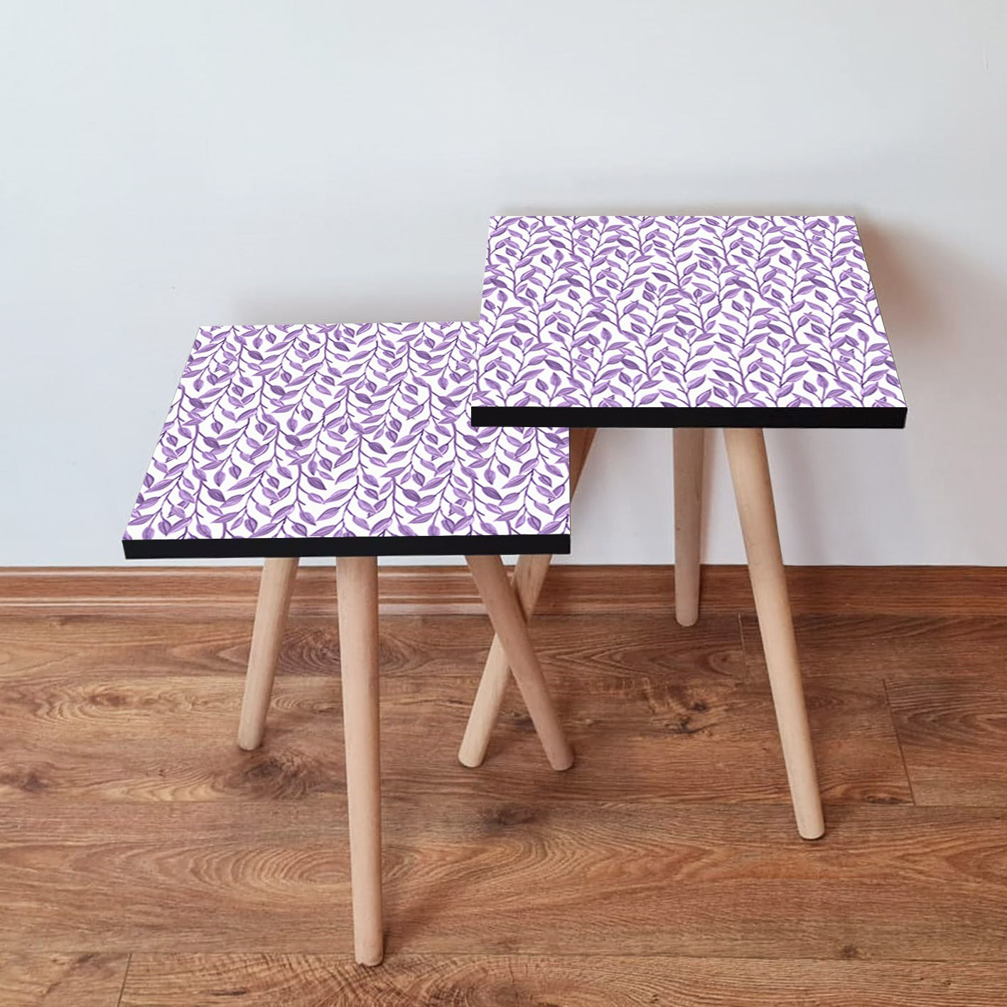 Set masute de cafea, Hanah Home, mdf, mov alb, 35x35x47 cm, picioare lemn fag