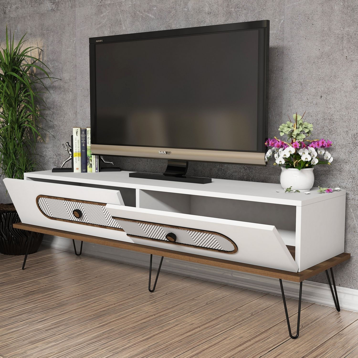 Comoda tv, Hanah Home, pal melaminat, alb, 145x45x40 cm — imaginea 5